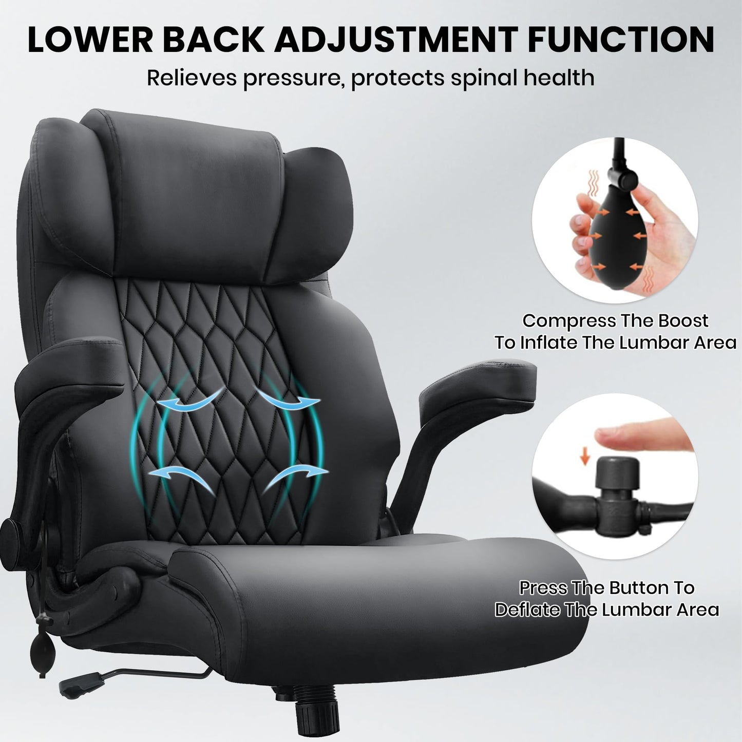 500lbs Big and Tall Office Chair Adjustable Lumbar Support for Back Pain, Extra Wide Seat Executive Ergonomic Comfy Computer Desk Office Chair Thick Armrest Pad, Heavy Duty Base&Upgraded Wheels