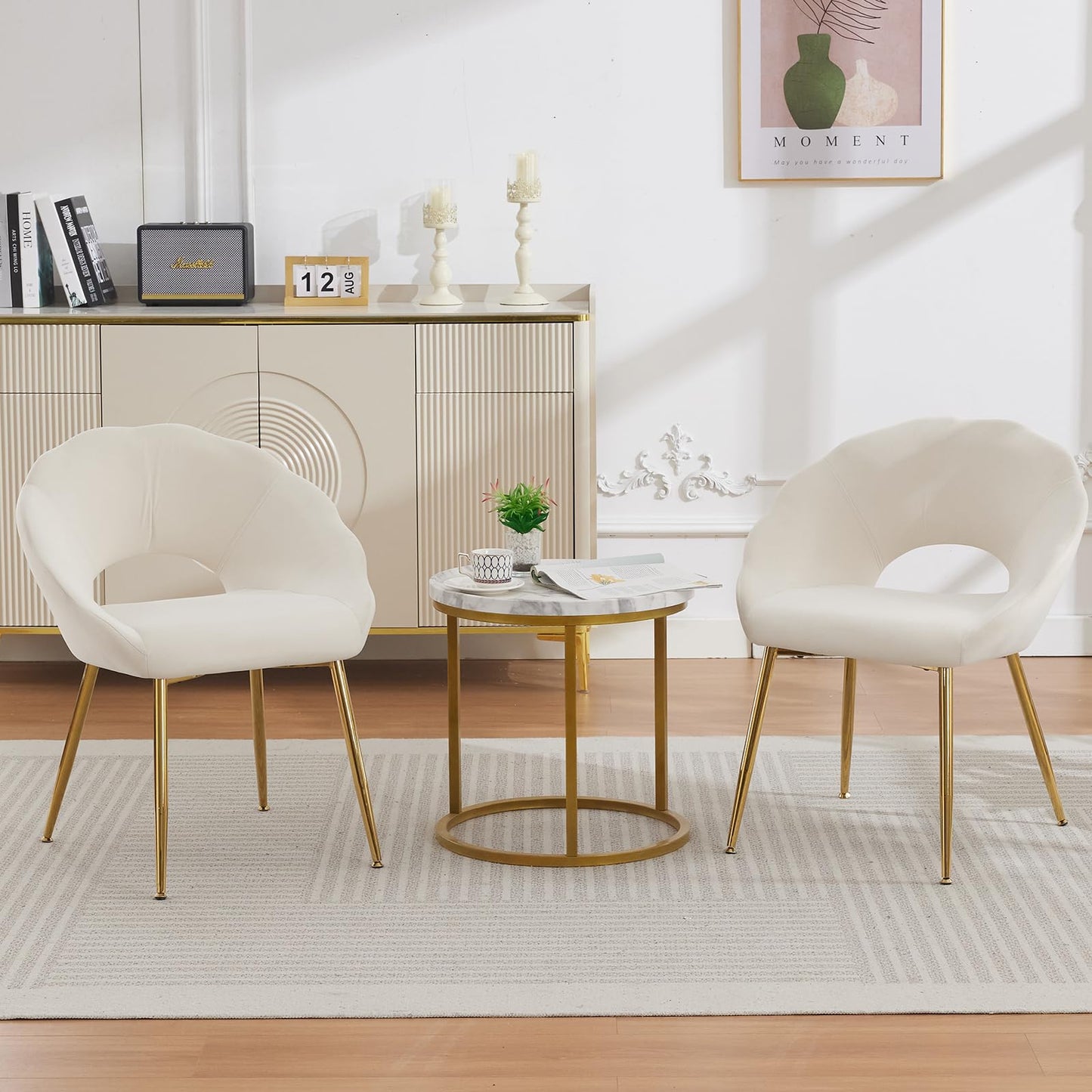 YDcosyfy Modern Small Accent Chair Set of 2, Comfy Velvet Vanity Chair with Shell Back & Golden Metal Legs, Decorative Chair no Wheels for Living Room, Makeup Room, Bedroom, Beige