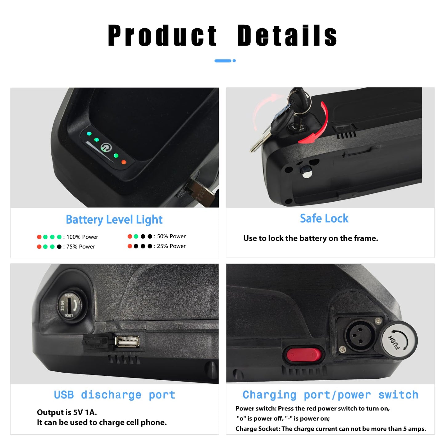 48V Ebike Battery 10Ah 16Ah 20Ah Electric Bike Lithium Battery for 0-1500W Electric Bike/E-Bike Motors, with 2A Fast Charger 30A BMS, Indicator Light, Safe Lock, USB Port(48V 20Ah)