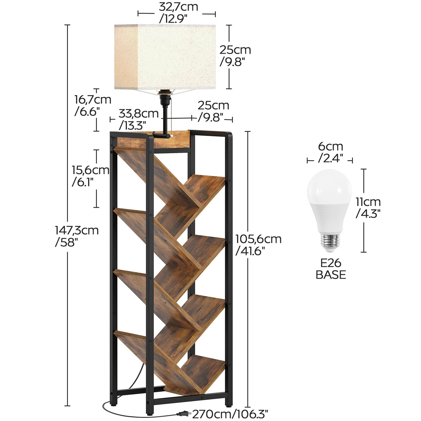 YATINEY Tree Bookshelf with Light, 6 Tier Book Shelf, Wooden Bookcase for Narrow Space, Floor Standing Tall Bookshelf, Industrial Corner Display Shelf, Rustic Brown SJ08DBR
