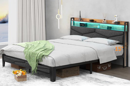 Winkalon Full Bed Frame, Storage Headboard with Charging Station,Platform Bed Frame with RGB Lights, Solid and Stable, Noise Free, No Box Spring Needed, Easy Assembly,Gray