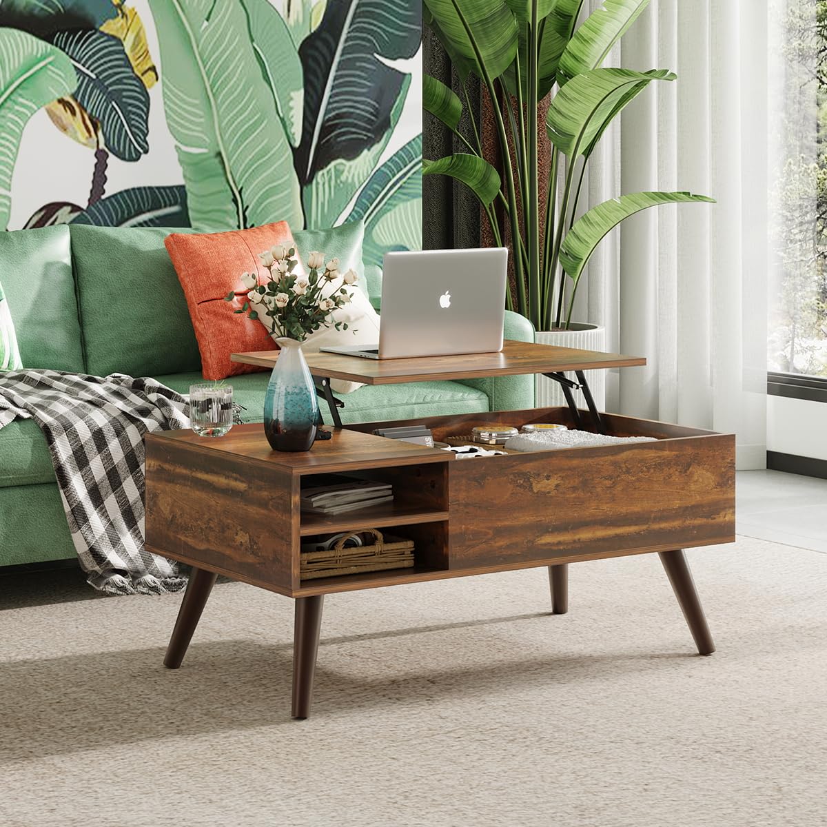 WLIVE Coffee Table for Living Room, Lift Top Coffee Table with Storage,Small Modern Living Room Table with Adjustable Shelf and Storage CompartmentWood, Rustic Brown