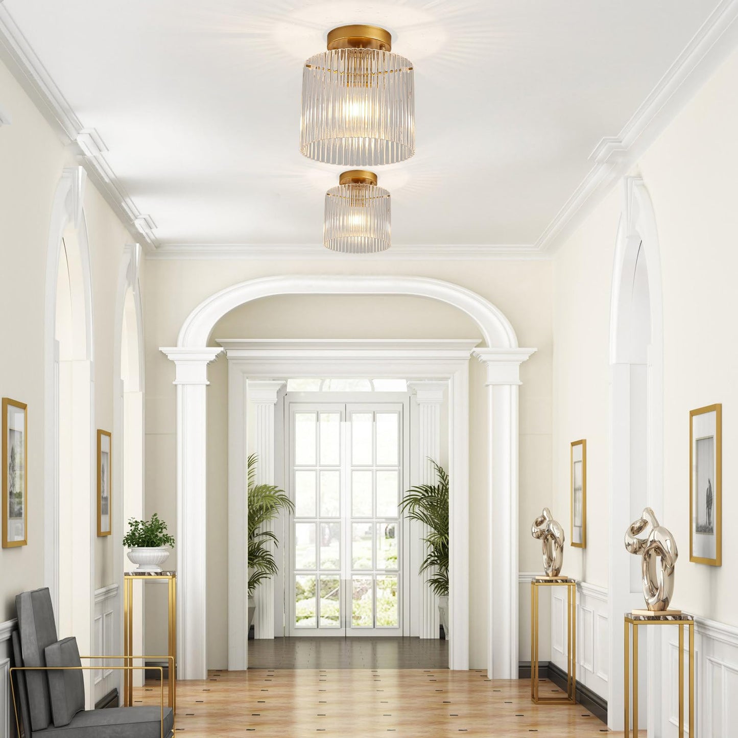 wochos Modern Semi Flush Mount Ceiling Light, Industrial Clear Glass Ceiling Light Fixture, Crystal Ceiling Lamp, Modern Ceiling Lamps, Farmhouse Light for Entryway Hallway Kitchen Dining Room