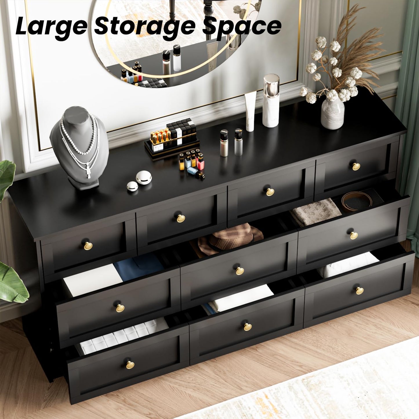 59.1" Wide Dressers & Chests of Drawers with Large Capacity Storage, Large Wooden Storage Organizer 10 Drawer Dresser for Bedroom（Black）