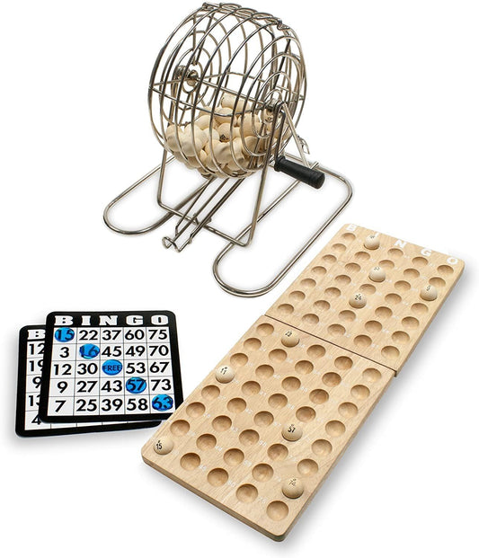 WE Games Retro Bingo Game Set with Metal Rotary Cage, Deluxe Wooden Master Board, Wood Balls, Party Games for Families, Fairs, and Churches