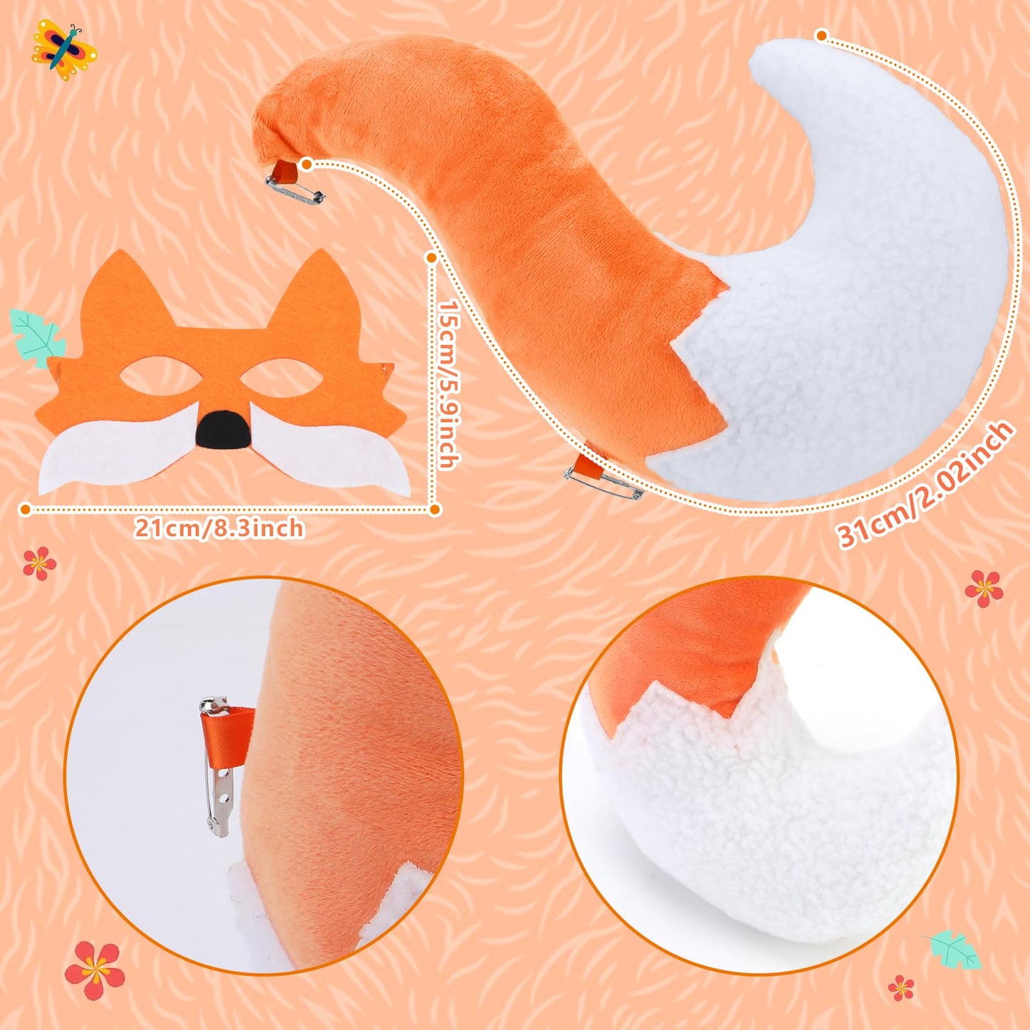 XEPST Animal Fox Costume Set, Fox Ears and Tail Set with Headband Tail and Mask for Animal Costume Cosplay World Book Day Birthday Party Accessories Halloween Costume Fancy Dress Party Supplies