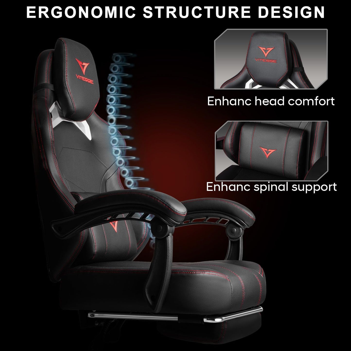 VITESSE Big and Tall Gaming Chair 400lb Weight Capacity with Footrest, Ergonomic Video Game Chair for Adults with Oversized Headrest and Lumbar Pillow, Computer Chair Gaming for Office (Black+Red)