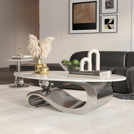 52" Marble Coffee Table for Living Room - Modern Luxury Gold Metal Base Coffee Table, Scratch-Resistant, Easy Assembly, Accent Furniture for Home Decor (Silver)