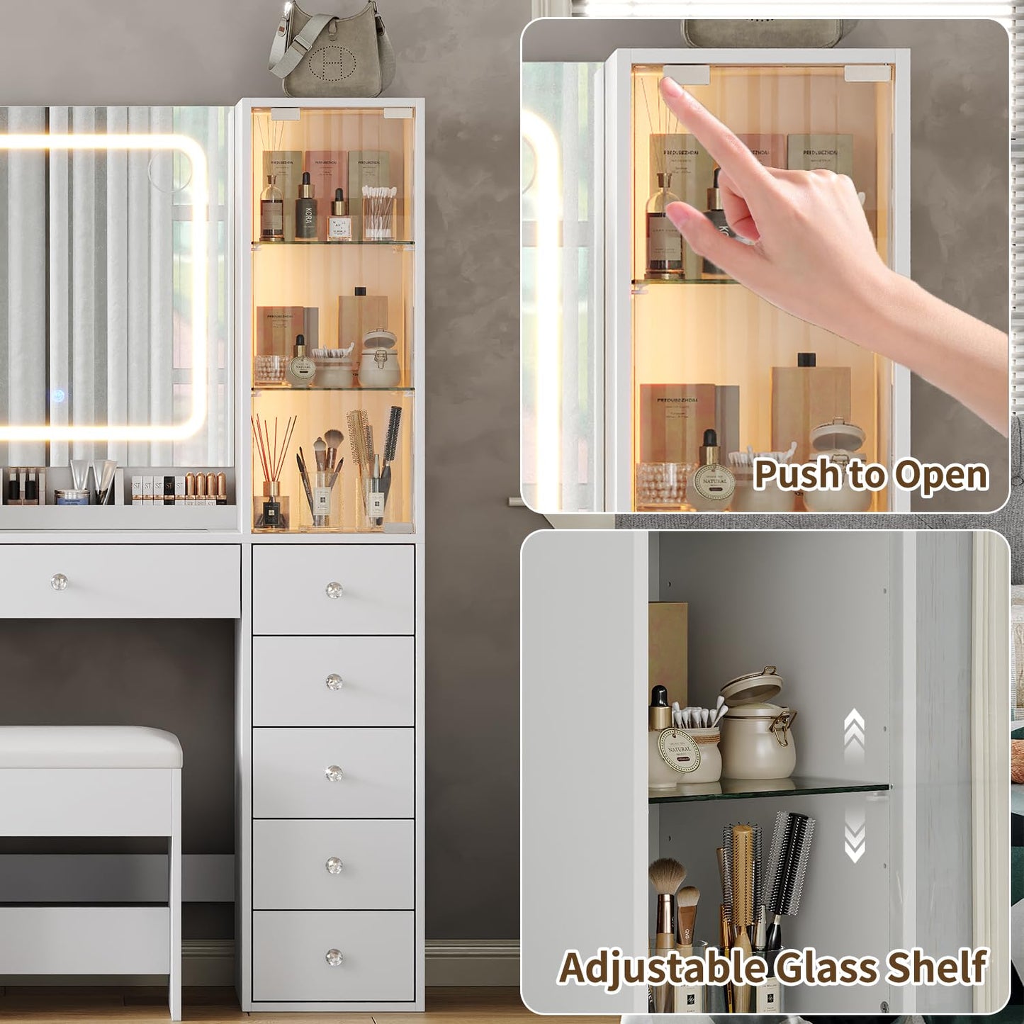 11 Drawers Makeup Vanity with Charging Station, Vanity Desk with LED Mirror & 2 Glass Cabinet, 3 Color Modes, Brightness Adjustable, Glass Top, Dressing Table with Chair for Bedroom (11 Drawers)