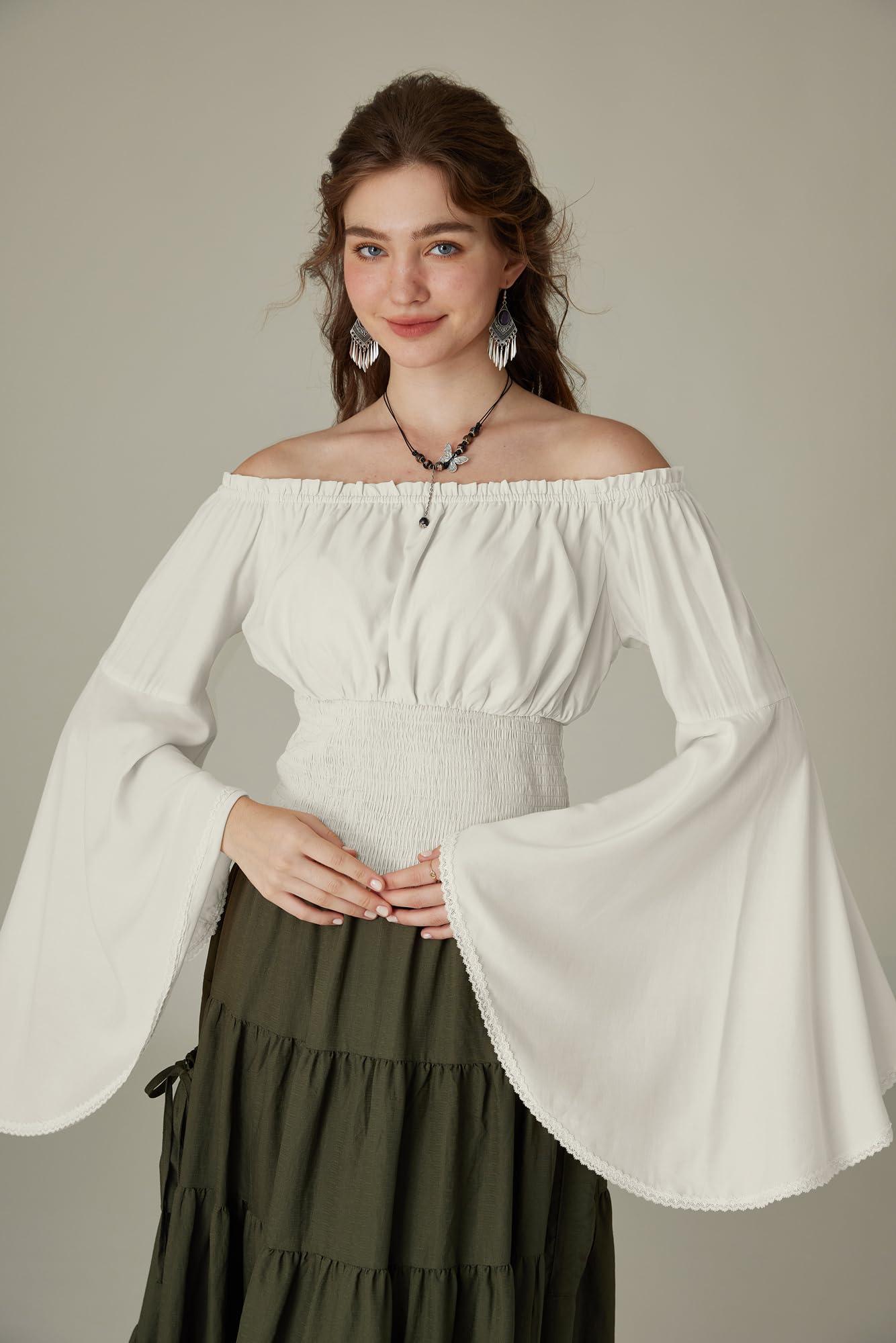 White Off The Shoulder Tops for Women 2024 Smocked Summer Peasant Blouse Bell Sleeve Top Renaissance Shirt White M