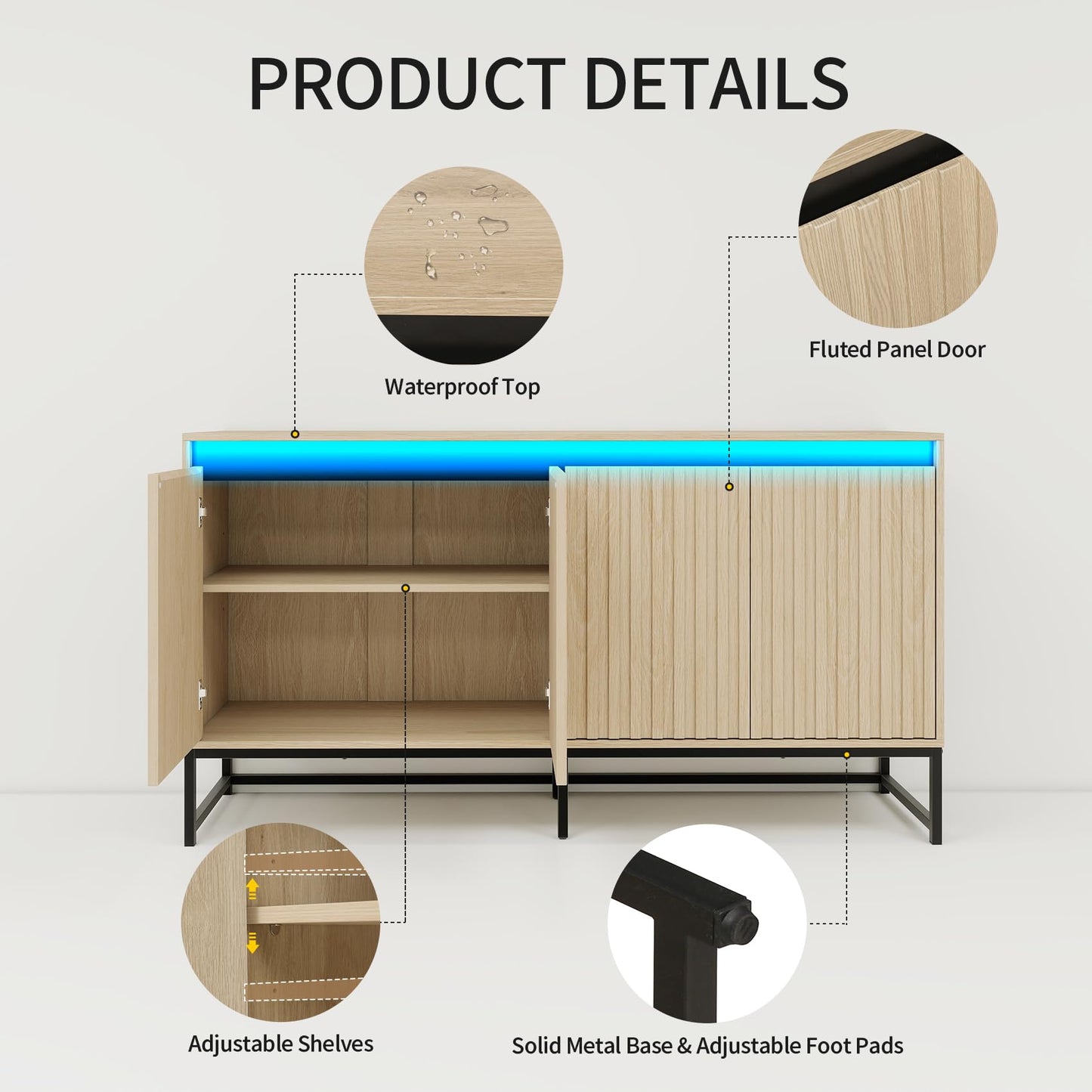 Woenei Fluted Sideboard Buffet Cabinet with Storage, 59" Wood Storage Cabinet with Doors and Adjustable Shelves LED Light, Modern Credenza for Kitchen, Dining Room, Living Room, Entryway, Oak
