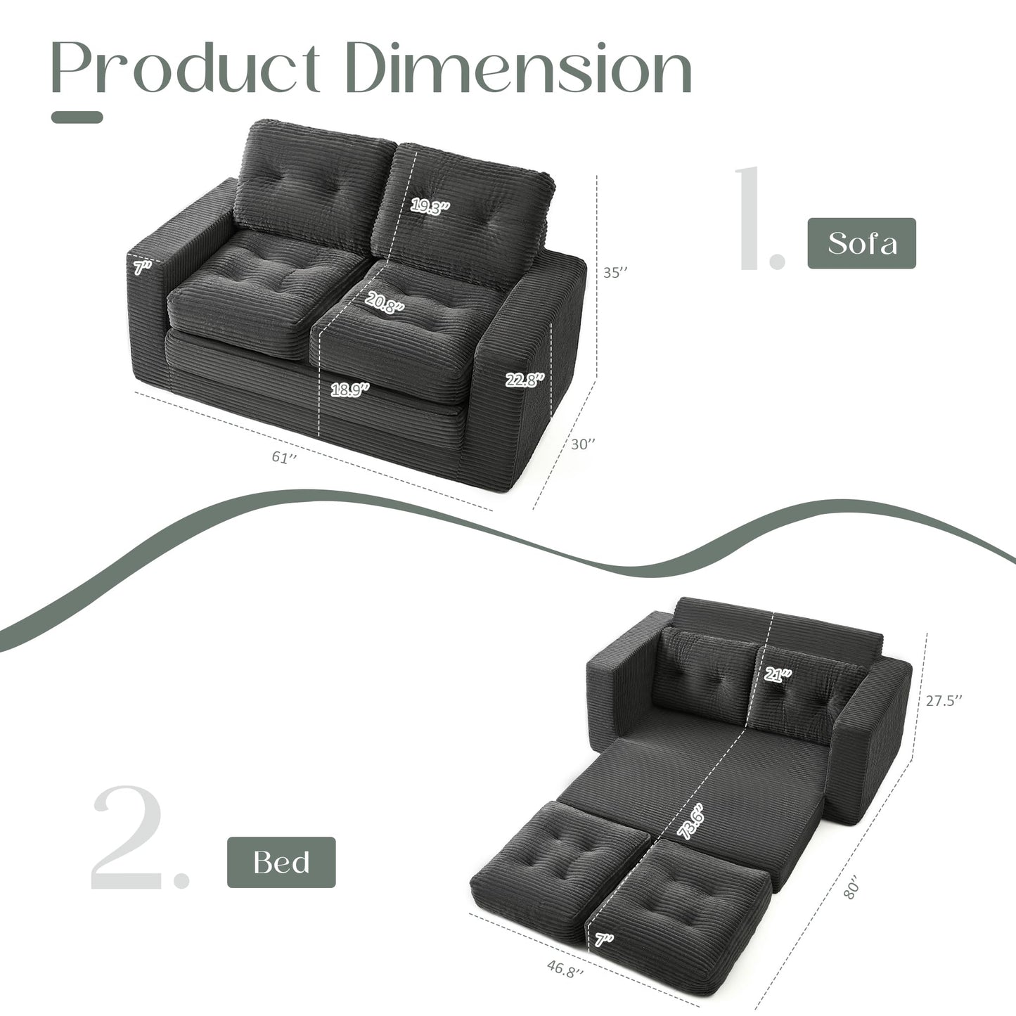 Afuson 61" Convertible Sofa Bed, Pull Out Loveseat Sleeper Sofa, 3 in 1 Folding Futon Bed, Fold Out Floor Bed Sofa with Pillows for Living Room Bedroom Lounge Guest Room, Corduroy, Grey