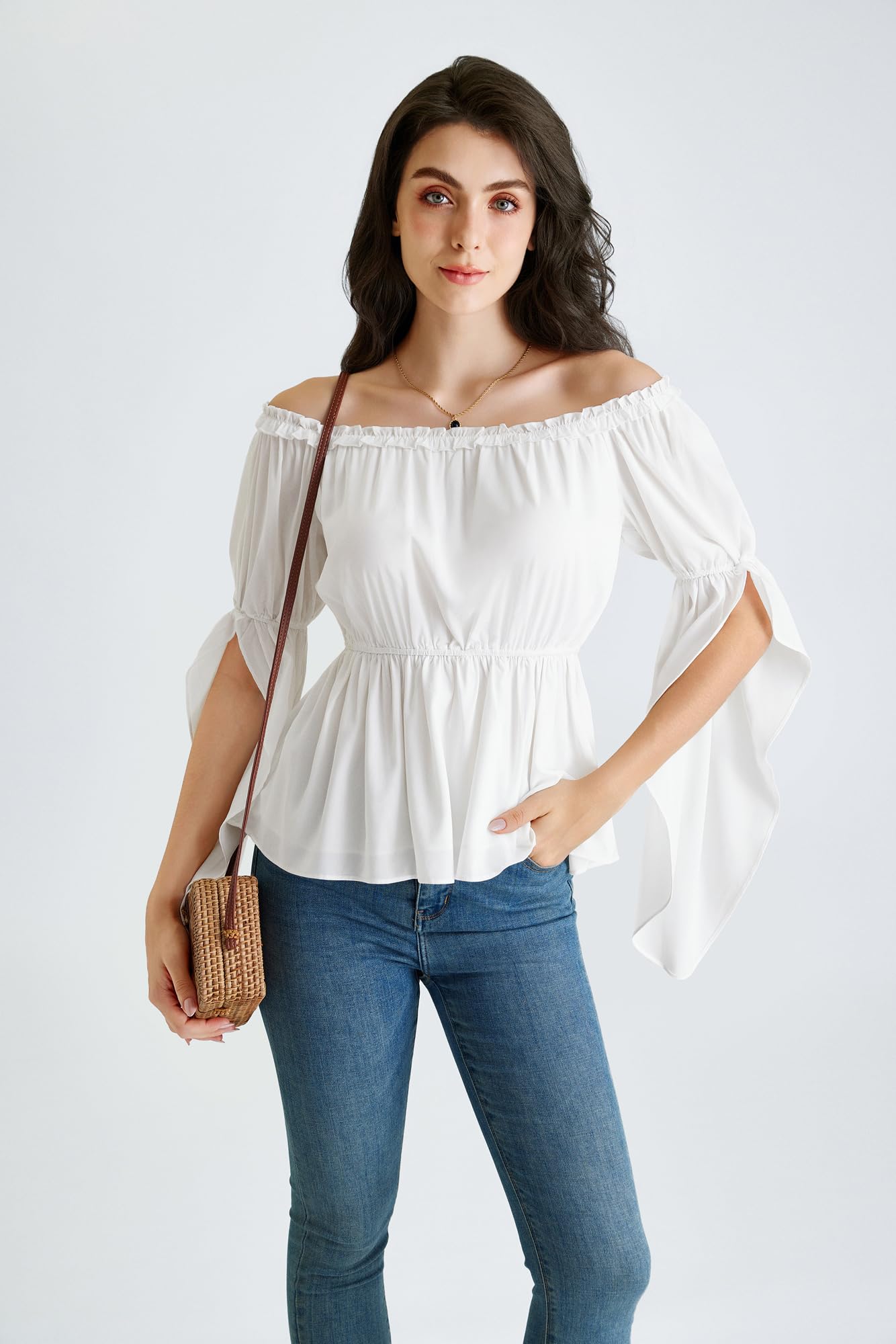 Womens Renaissance Shirt Summer Trumpet Sleeve Tops Chiffon Blouse White M