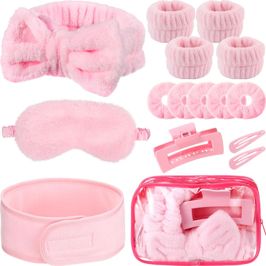 Wavyknot 16 Pcs Skin Care Headband Set Include 2 Pink Spa Headband 1 Pink Plush Sleep Eye Mask 4 Skin Care Wristbands 5 Velvet Scrunchies 1 Claw Clips 2 Bangs Clip 1 Cosmetic Bags for Spa Gift
