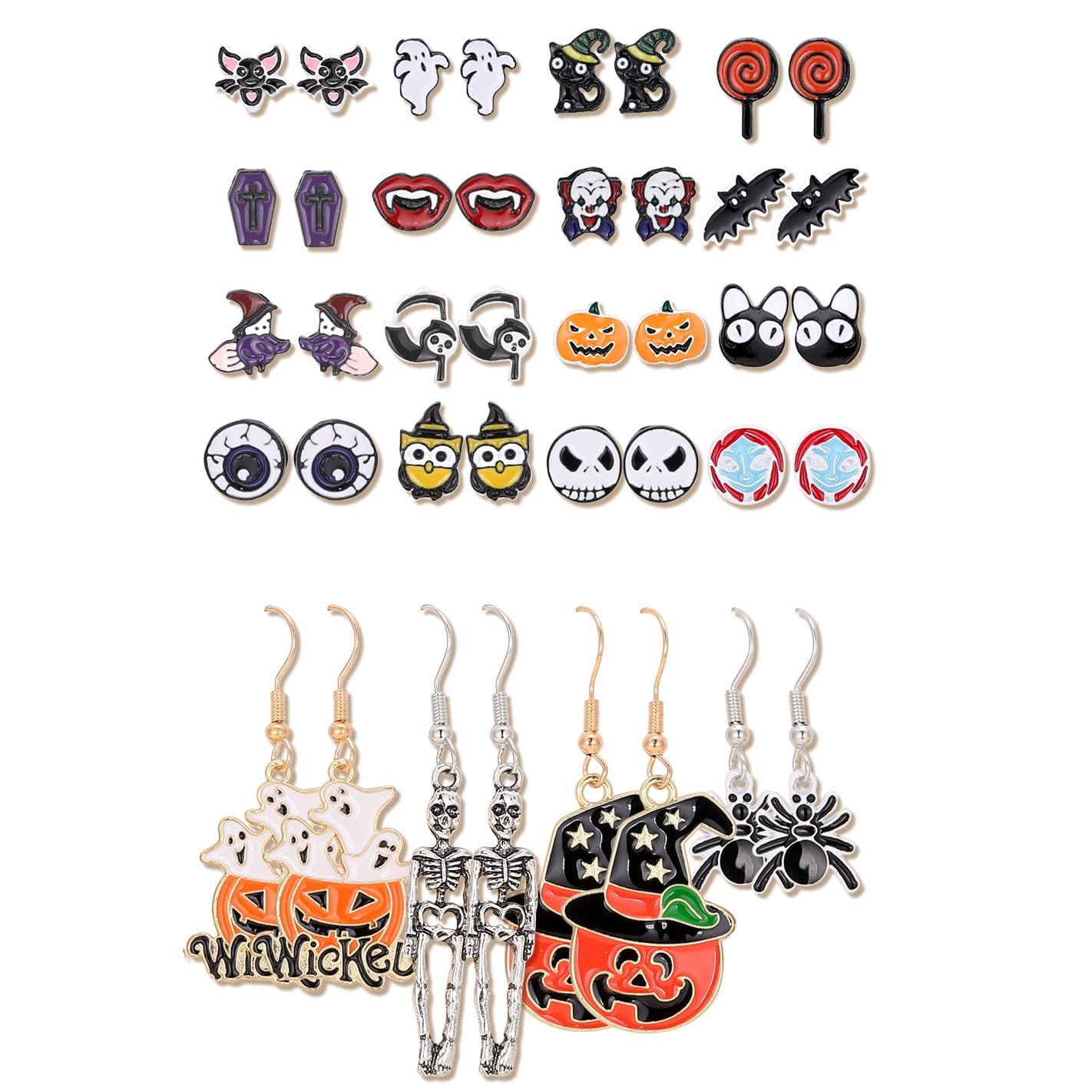 20 Pairs Halloween Earrings for Women, Pumpkin Spider Spooky Skull Skeleton Dangle Earrings for Women Girls，Witchy Bat Cat Eyeballs Candy Stud Earrings Set Scary Halloween Accessories