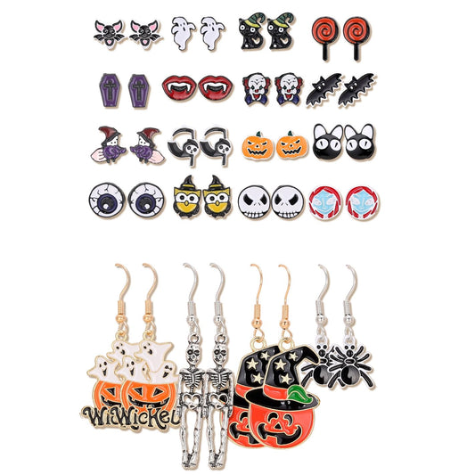 20 Pairs Halloween Earrings for Women, Pumpkin Spider Spooky Skull Skeleton Dangle Earrings for Women Girls，Witchy Bat Cat Eyeballs Candy Stud Earrings Set Scary Halloween Accessories