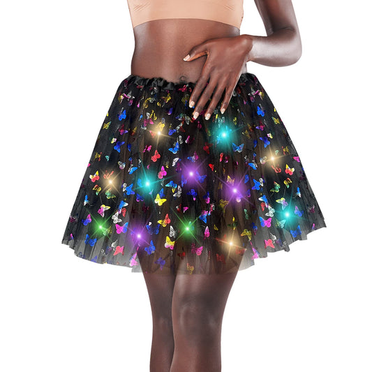Women's LED Tutu Skirt Light Up Tutus Sparkle Skirts Layered Tulle Ballet Dance Skirt for Halloween Party Carnival Costume (Butterfly Black)