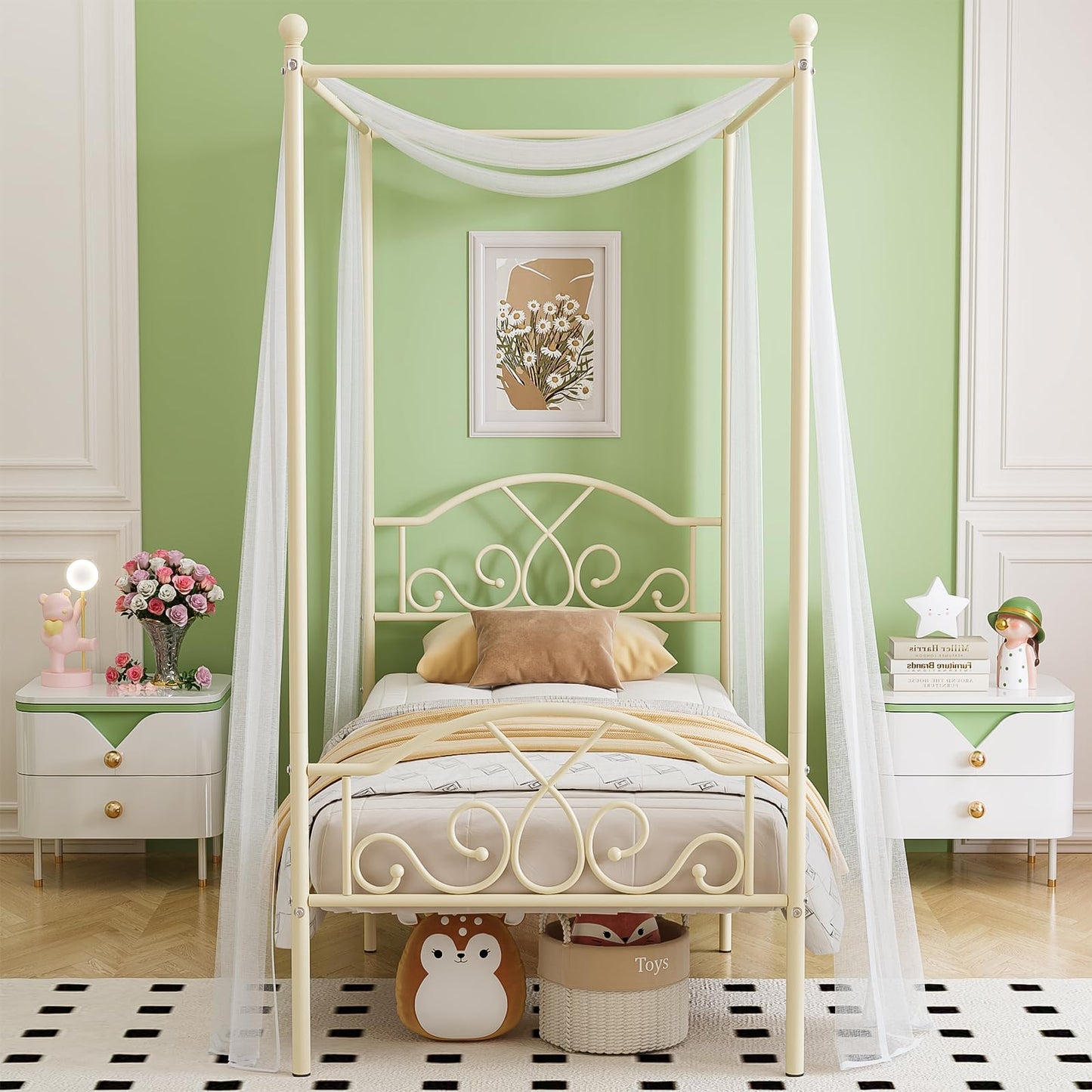 Weehom Princess Canopy Bed Frame with 4 Posters, Sturdy Metal Platform with Headboard&Footboard No Box Spring Needed Twin Size Bed for Kids Girls Adults,Beige White