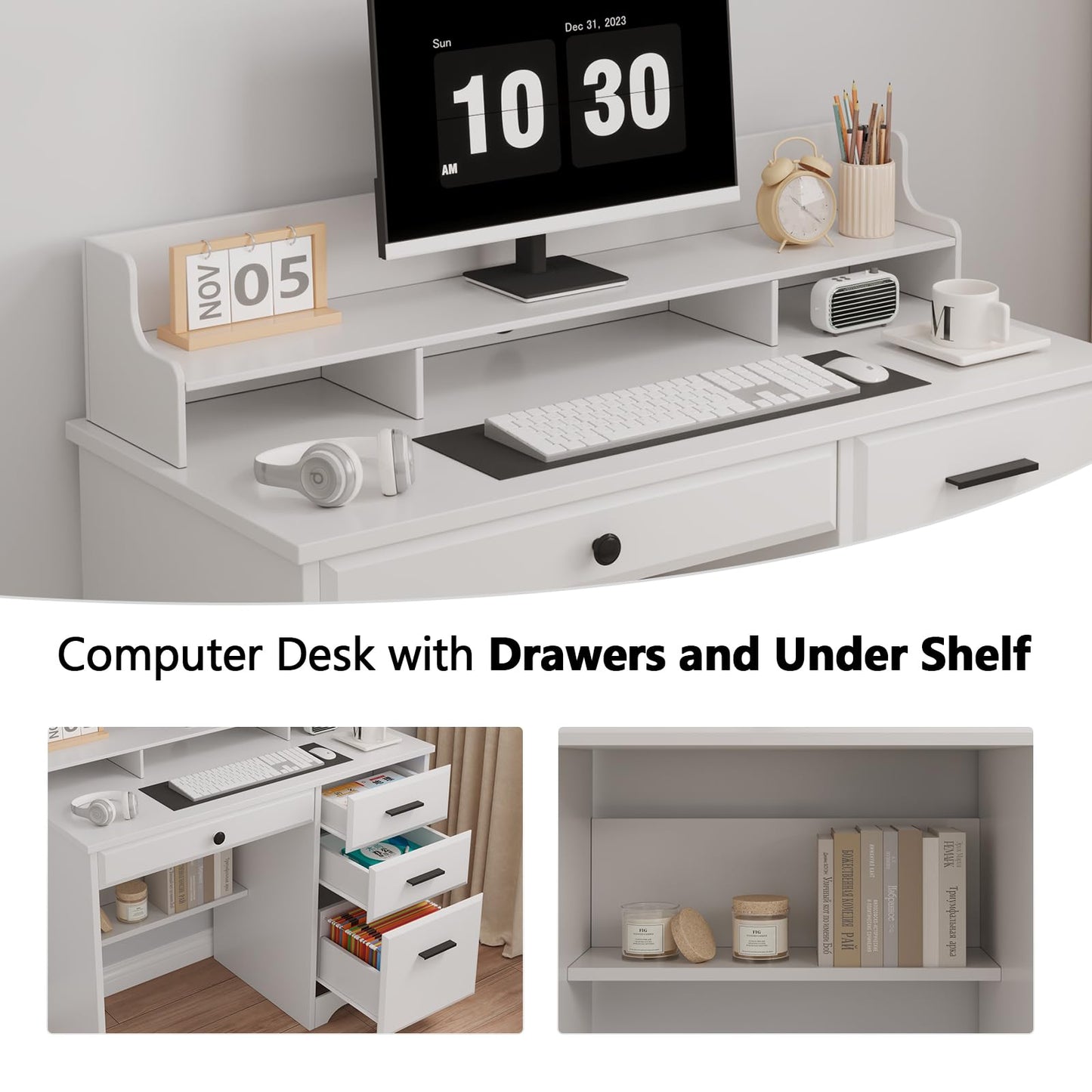 4 EVER WINNER White Desk with Drawers, Small Computer Desk with File Drawer for Small Spaces, Home Office Desks with Monitor Stand Wood Table for Study Writing, White