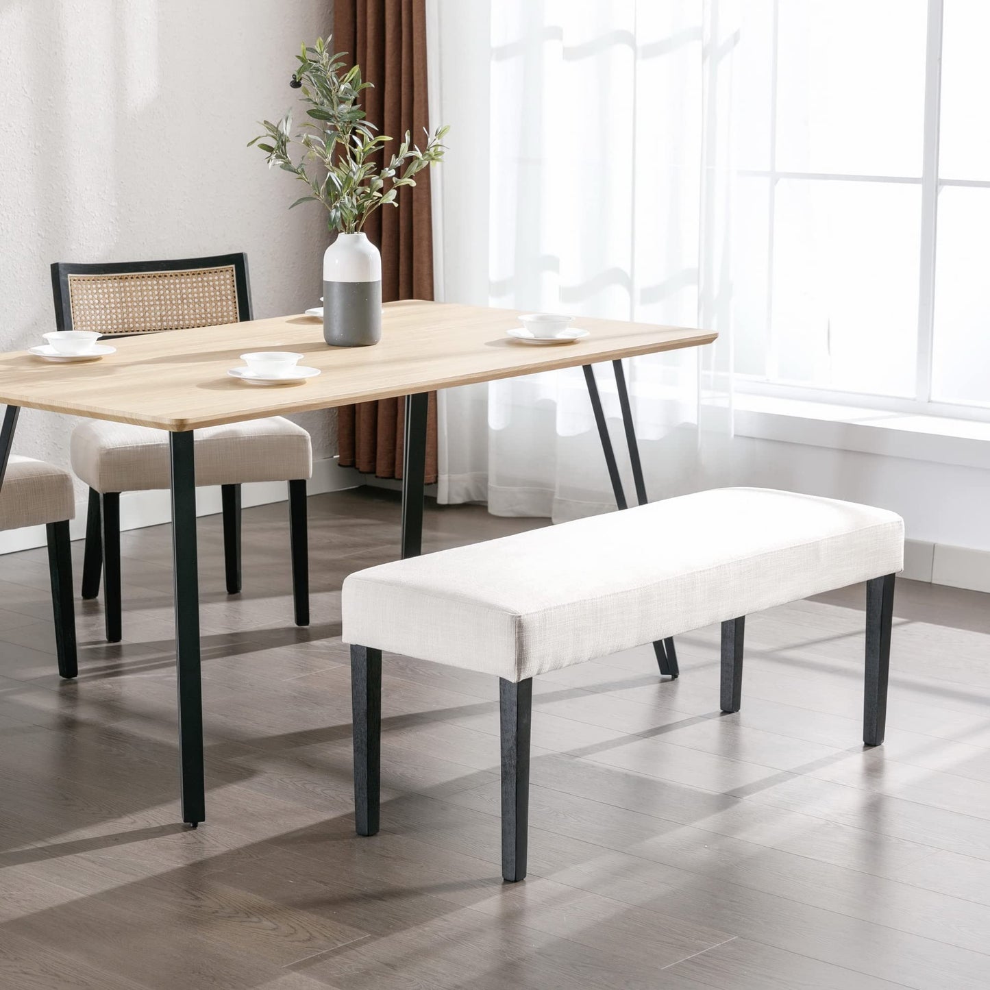 Wahson Farmhouse Linen Upholstered Dining Bench, 45" Long Dining Room Bench Seat with Black Wood Legs, Beige