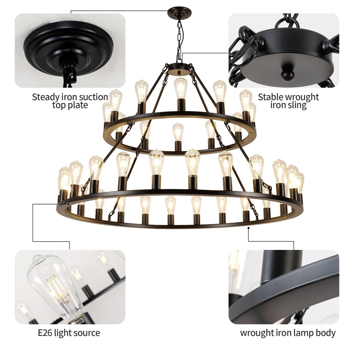 WOGON WEEL Wagon Wheel Chandelier 2 Tier 48-Inch 36-Light, Farmhouse Industrial Chandelier Black Rustic Pendant Light Fixture Extra Large for High Ceilings, Living Room Foyer
