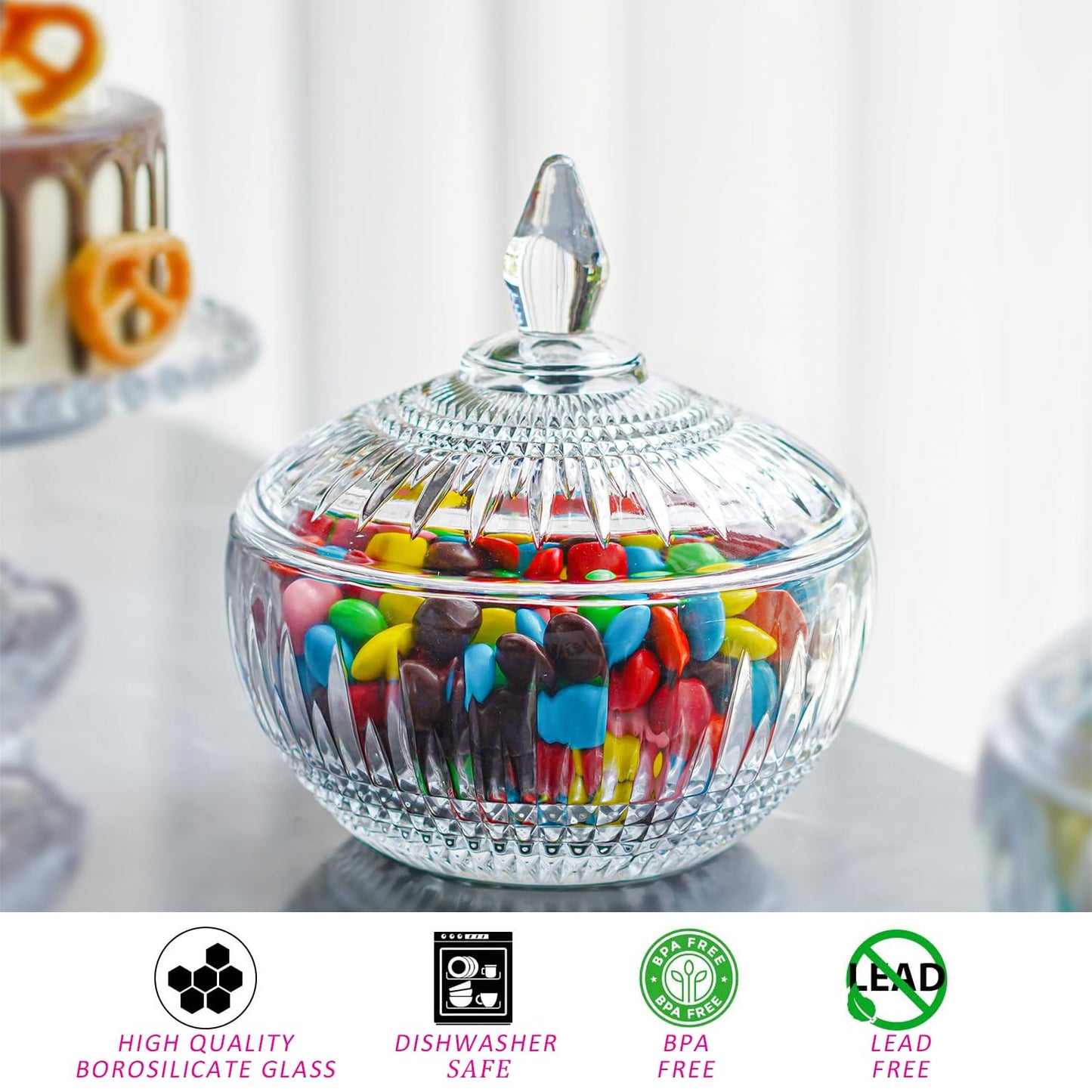 600ml/21oz Large Glass Candy Dish with Lid,Clear Crystal Candy Jar with Lid,Decorative Glass Jar for Buffet, Party, Wedding, Home Decoration,Dishwasher Safe