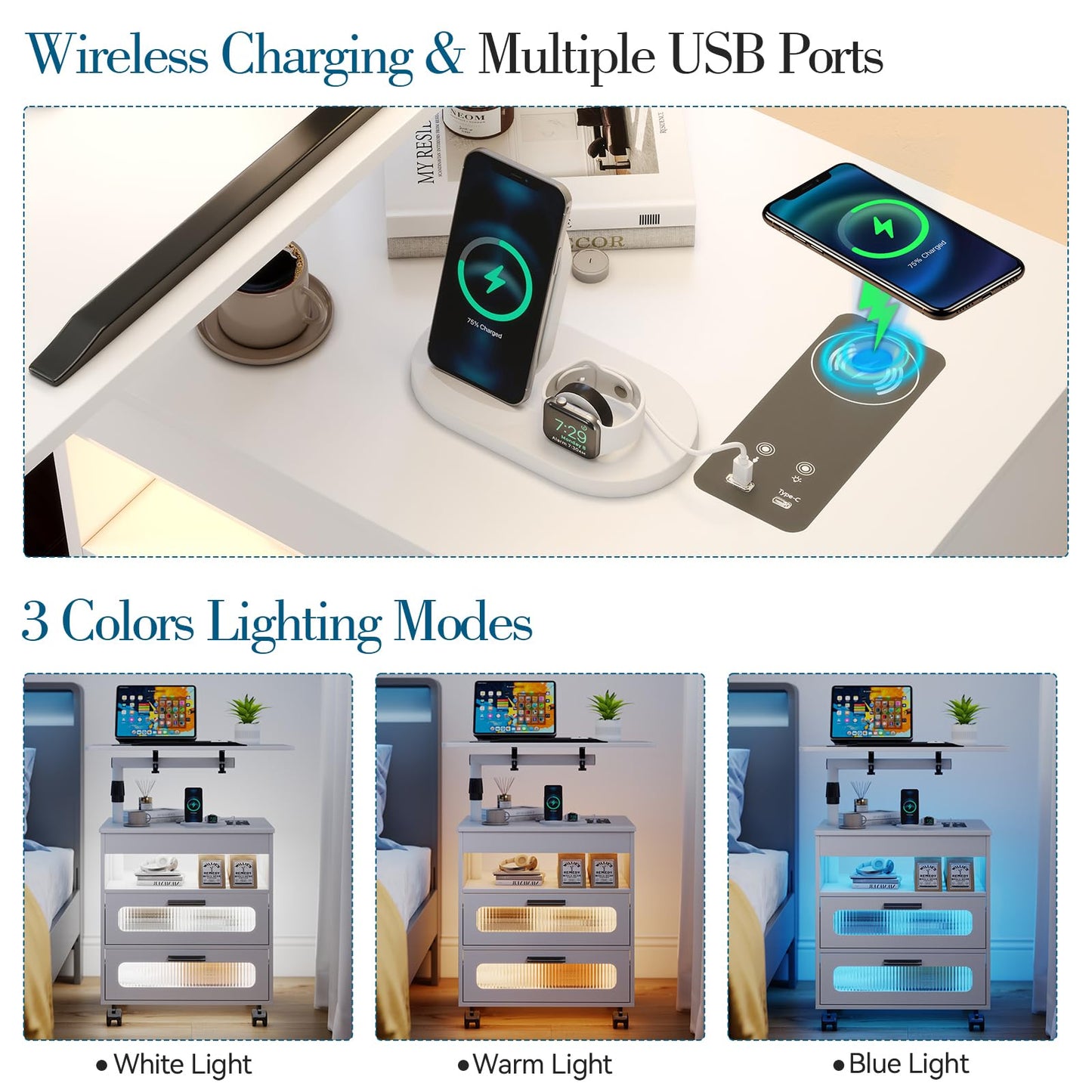 WOOVIVS LED Night Stand with Charging Station, Smart Nightstand wiht Human Body Lights, Modern Bedside Table has Adjustable Rotary Workstation/2 Drawers/Wheel for Bedroom/Livingroom (White)