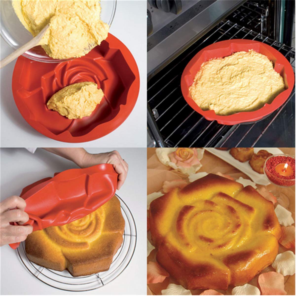 11'' Big Rose Flower Silicone Baking Mold, FantasyDay Anniversary Birthday Tray-Wedding Festival Party Silicone Cake Mold for Muffins Brownie Cornbread Candy Chocolates Butter Fondant Soap Gummy Bread
