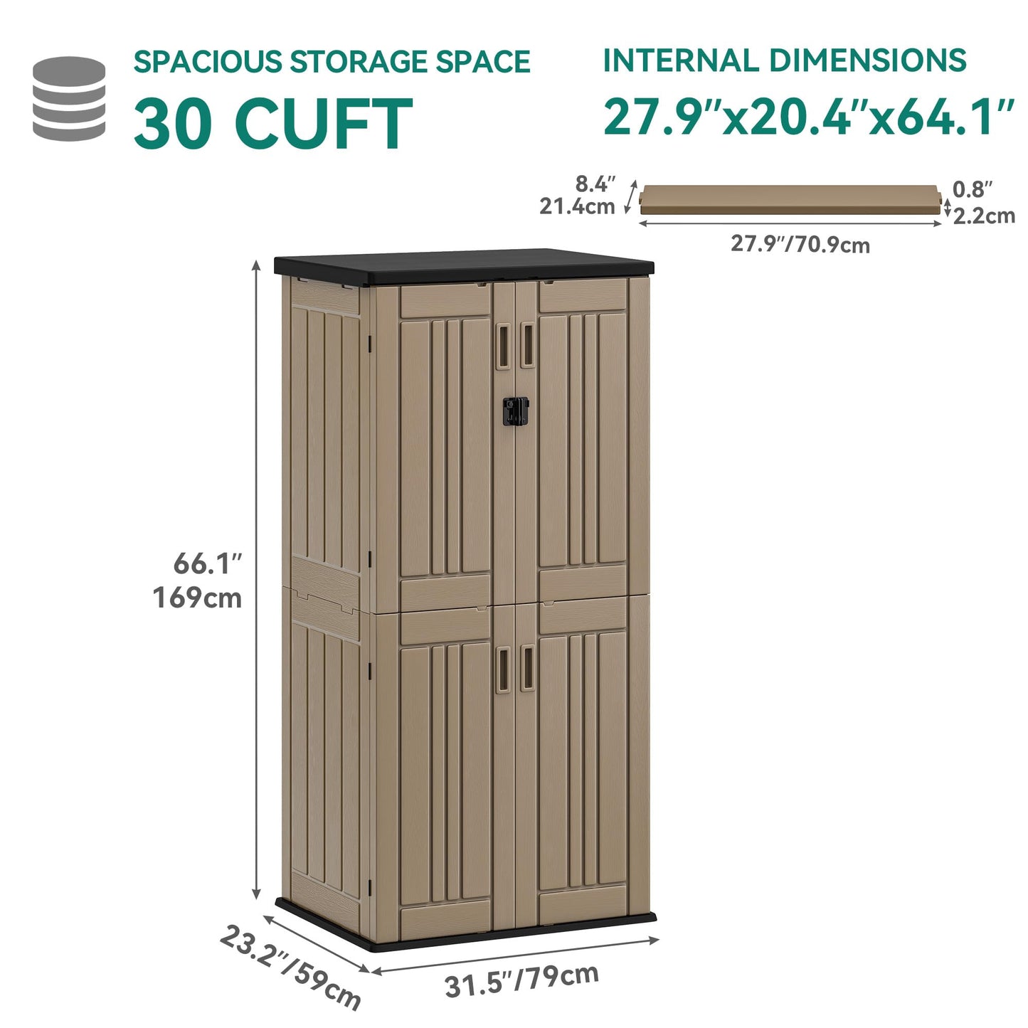 YITAHOME Outdoor Storage Cabinet with 4 Shelves, Waterproof Resin Vertical Tool Shed, Lockable 30 cu. ft. Storage Shed for Patio, Garden, Yard, Brown