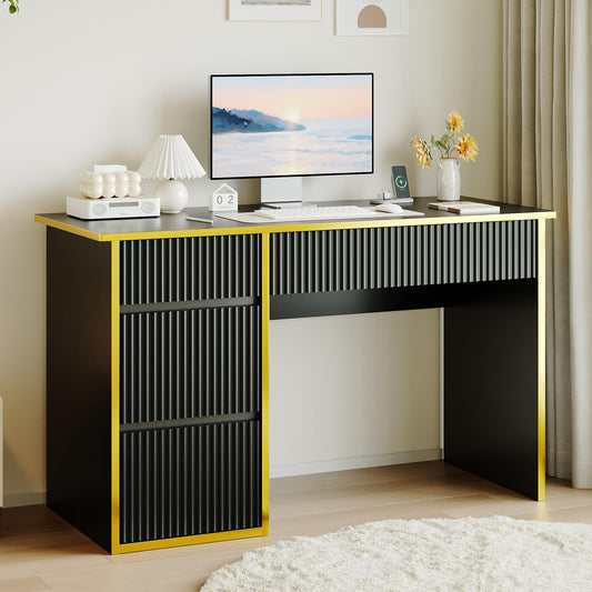 4 EVER WINNER Black Computer Desk with Drawers，47 Inch Home Office Desk with File Drawer and Hidden Handle, Writing Study Desk for Bedroom, Black Desk