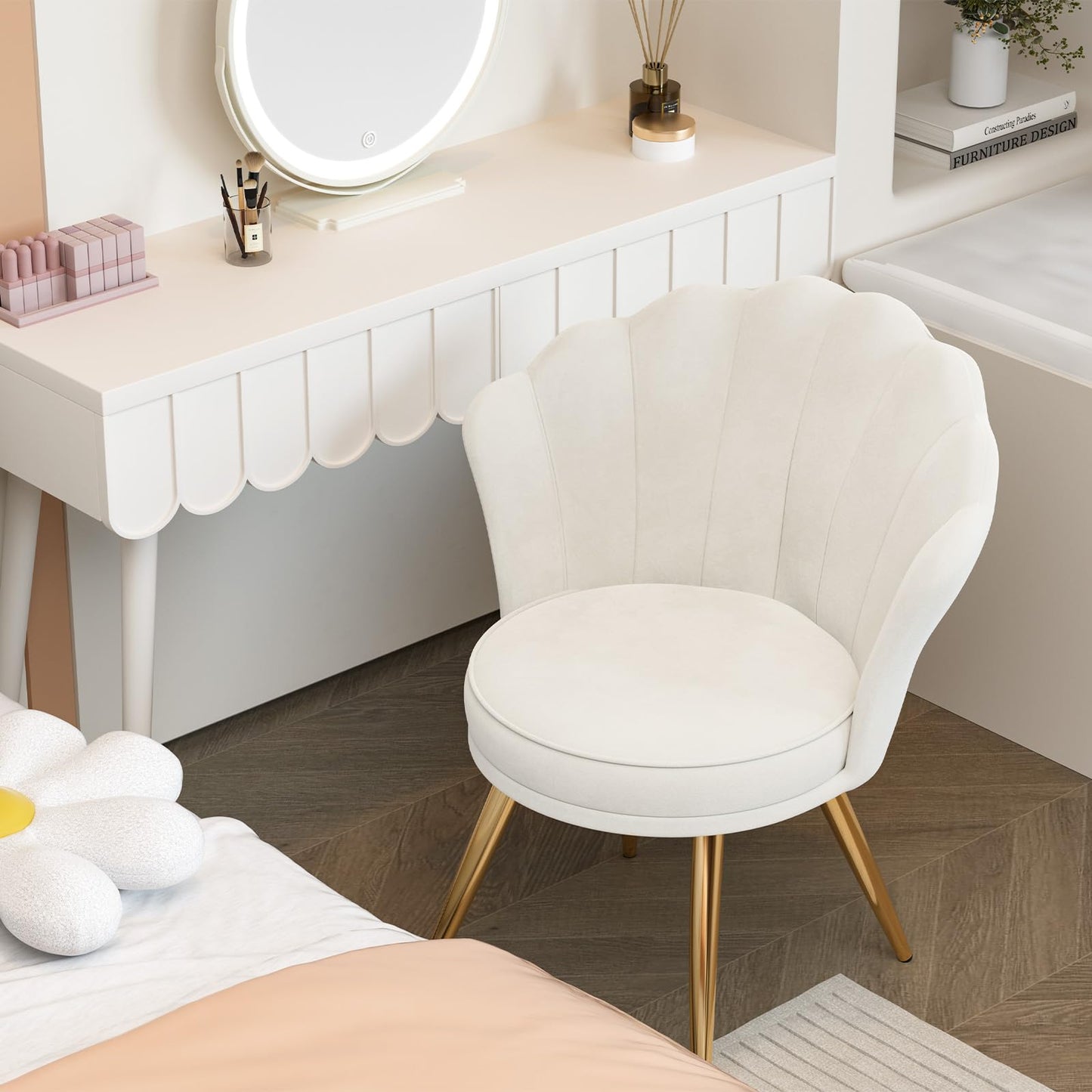 Aivermeil Velvet Accent Chair with Gold Metal Legs, Vanity Chair for Makeup Room, Upholstered Guest Chair for Living Room, for Bedroom, White