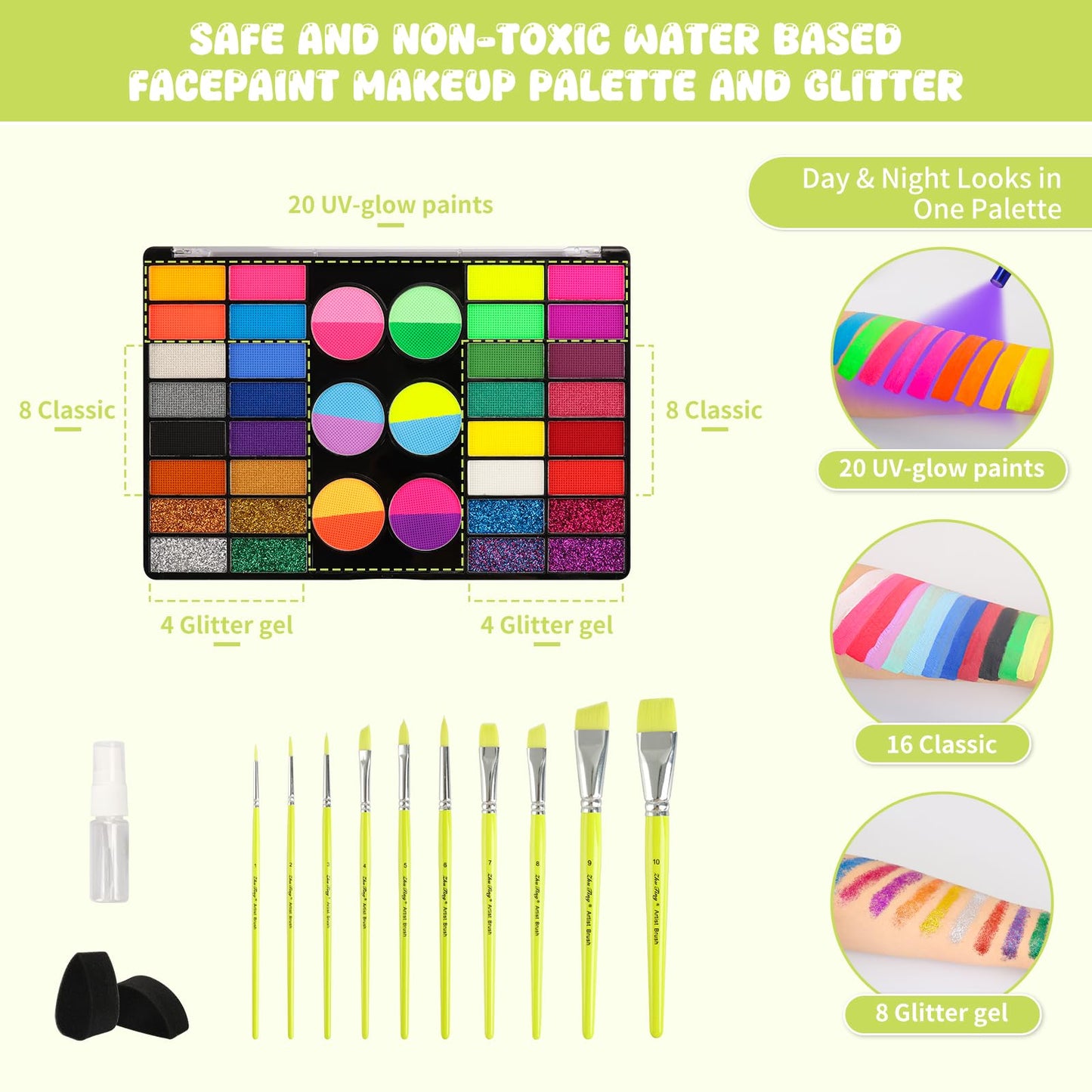 44 Color Face Painting Kit for Kids - Non Toxic Water Activated Face Paint Palette with Stencils, Brushes, Gems & Glitter. Halloween, Carnival, Party; Costume Makeup for Creative Activities