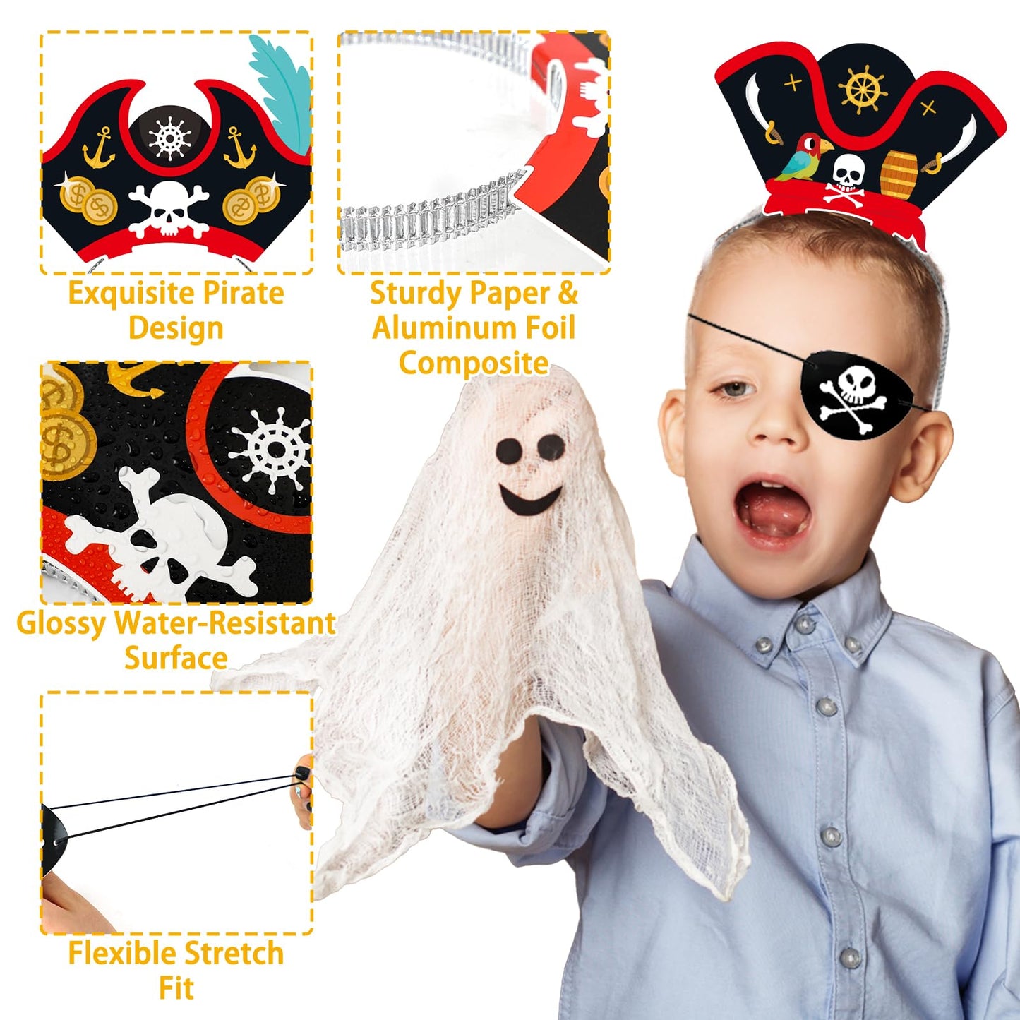 24 Set Pirate Hat Headbands & Eye Patches, Paper Pirate Costume Accessories Decoration for Pirate Theme Party Supplies Halloween Fancy Dress Caribbean Cosplay - Party Favors for Boys & Girls (48 Pcs)