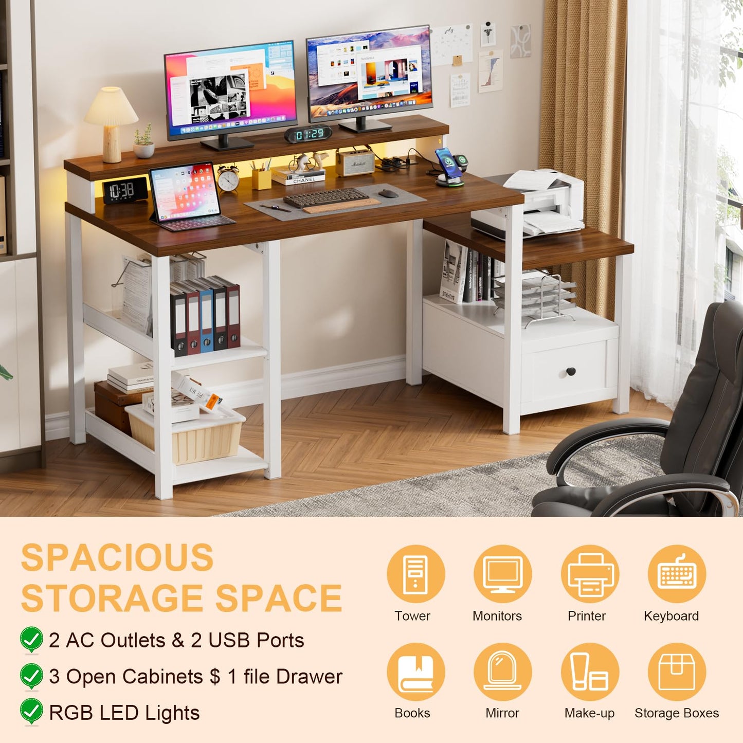 61.2 '' Computer Desk with Drawer & Power Outlets, Farmhouse Ergonomic Office Desks with Long Monitor Stand,Wood Computer Table with Printer Space, Home Office Desk with LED Strip for Work,White