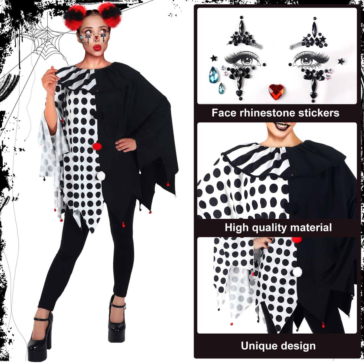 8 Pcs Women's Scary Poncho Clown Costume Set Includes Poncho Costume, Clown Wig, Stickers for Women Halloween Accessories(Large Size)