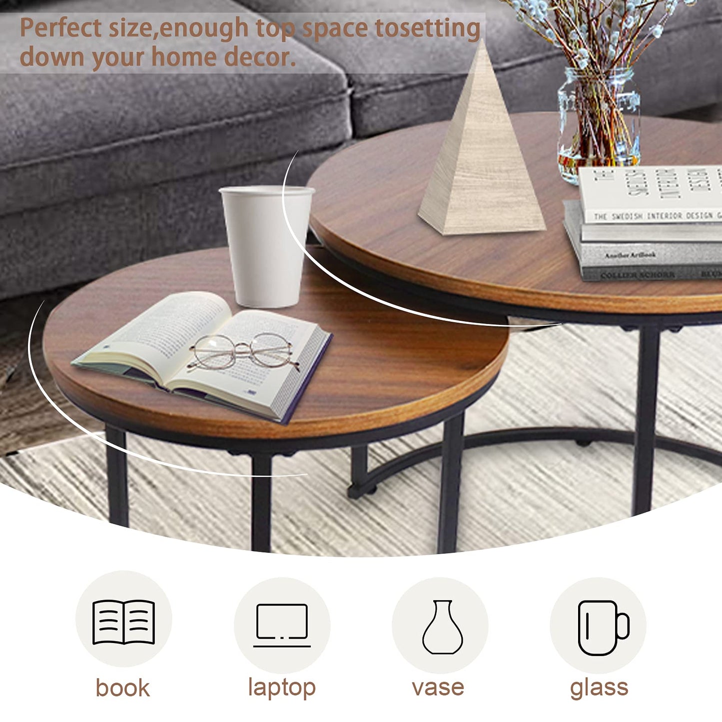 aboxoo Coffee Table Nesting Side Round Set of 2 End Table Top Sturdy Metal Frame Desk Centerpiece Living Room Bedroom Apartment Modern Industrial Simple Nightstand