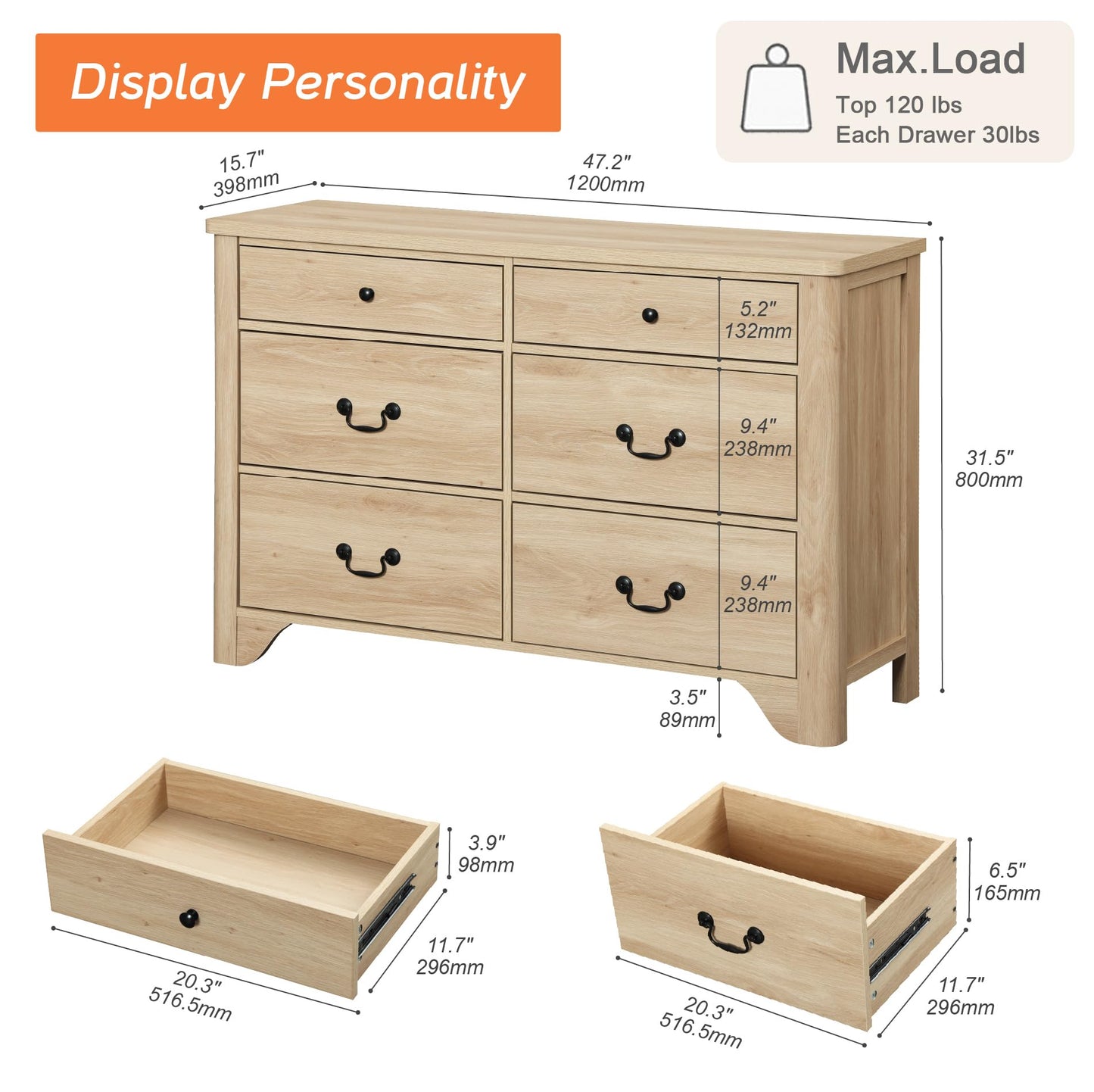 WAMPAT Oak Dresser for Bedroom with 6 Drawers, 47.2" Wide Farmhouse Dressers Chests of Drawers with Curved Profile Design, Wood Closet Organizer for Bedroom, Hallway