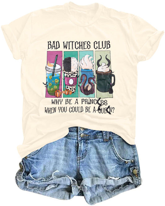 Women Bad Witches Club Shirts Villains Shirt Halloween Witches T-Shirt Evil Queen Casual Short Sleeve Tee Beige