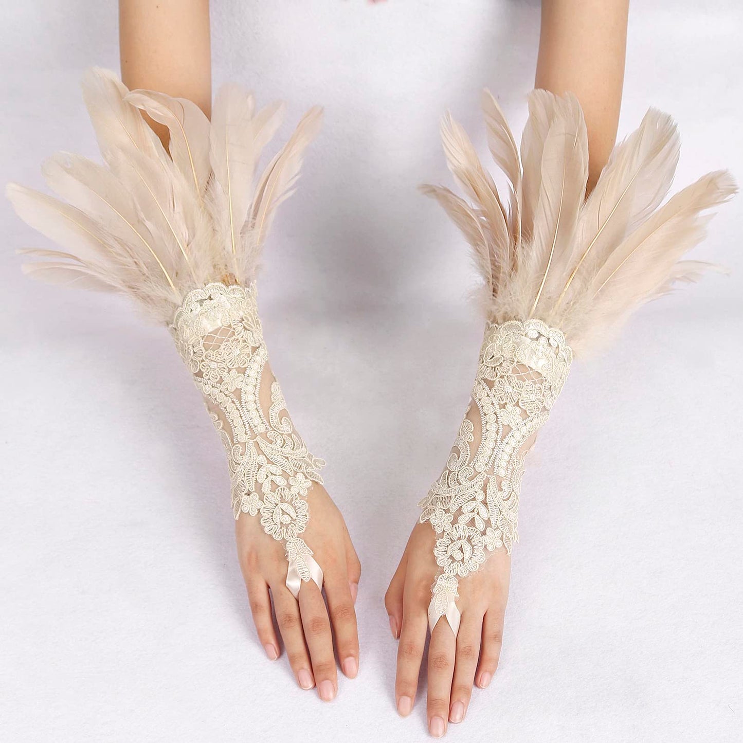 Women's Khaki Feather Lace Long Gloves Witch Spider Web for Halloween Pack of 2