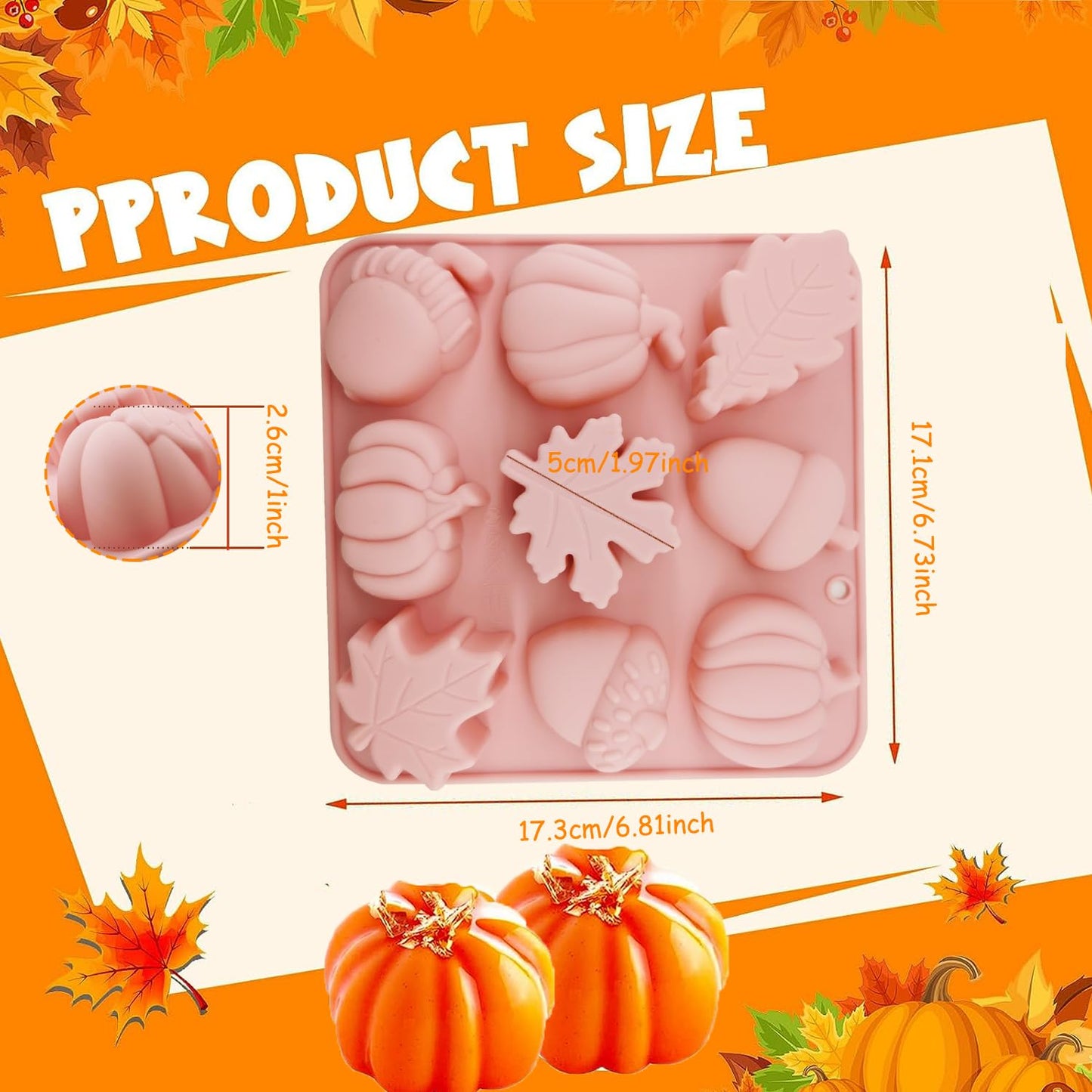 2Pcs 3D Pumpkin Silicone Mold Fall Silicone Mold Halloween Thanksgiving Candy Mold Autumn Maple Leaf Acornshape Chocolate Candy Cake Pan Baking Tray Molds for Cake Decoration upcake Toppers Resin Cand