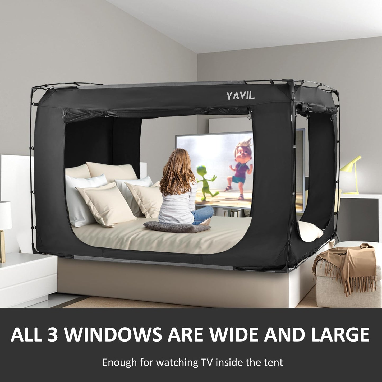 YAVIL Bed Tent Bed Canopy Full Size, Portable Sleeping Tents Dream Tents Indoor for Kids and Adult, Blackout 93% Breathable Privacy Space on Bed with Three Doors (Mattress Not Included)