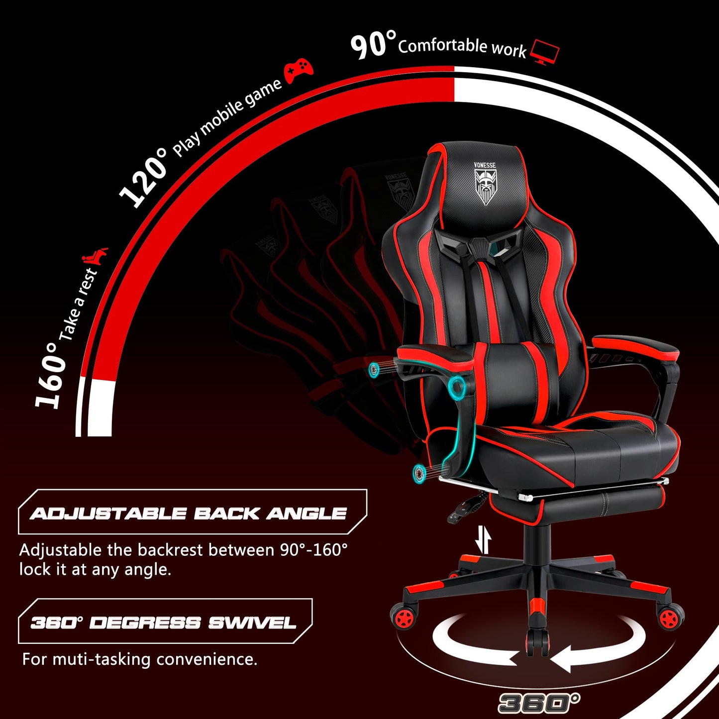 Vonesse Reclining Gaming Chair with Footrest Gaming Computer Chair with Massage Recliner Computer Chair Big and Tall Gaming Chairs for Adults(Red/Black)