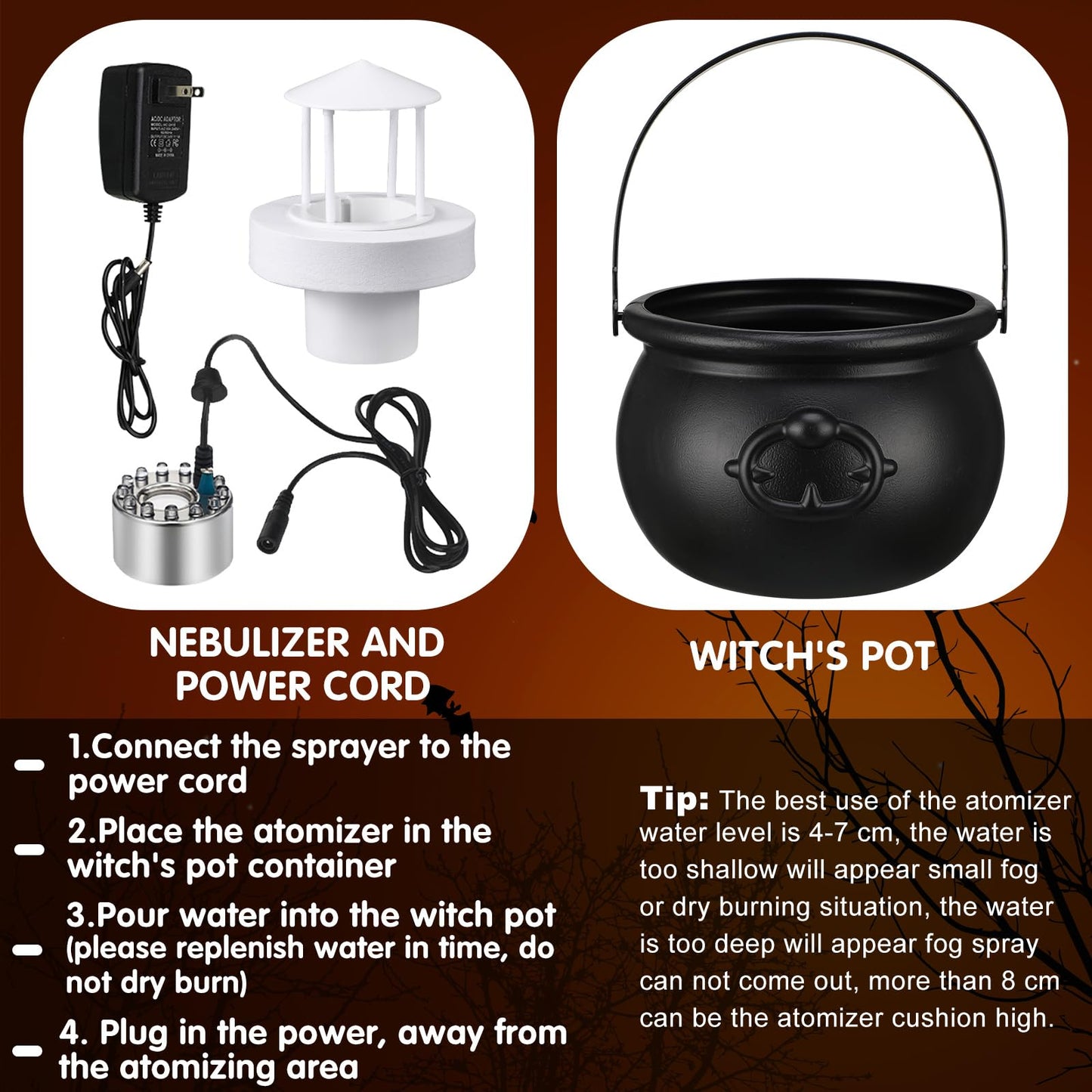 Wettarn Halloween Cauldron Decorations 8" Witch Plastic Smoking Cauldron Bowl with Handle Mist Maker Fogger 12 LED Lights Fog Machine Atomizer Large Smoking Pot Punch Bowl for Indoor Outdoor Parties