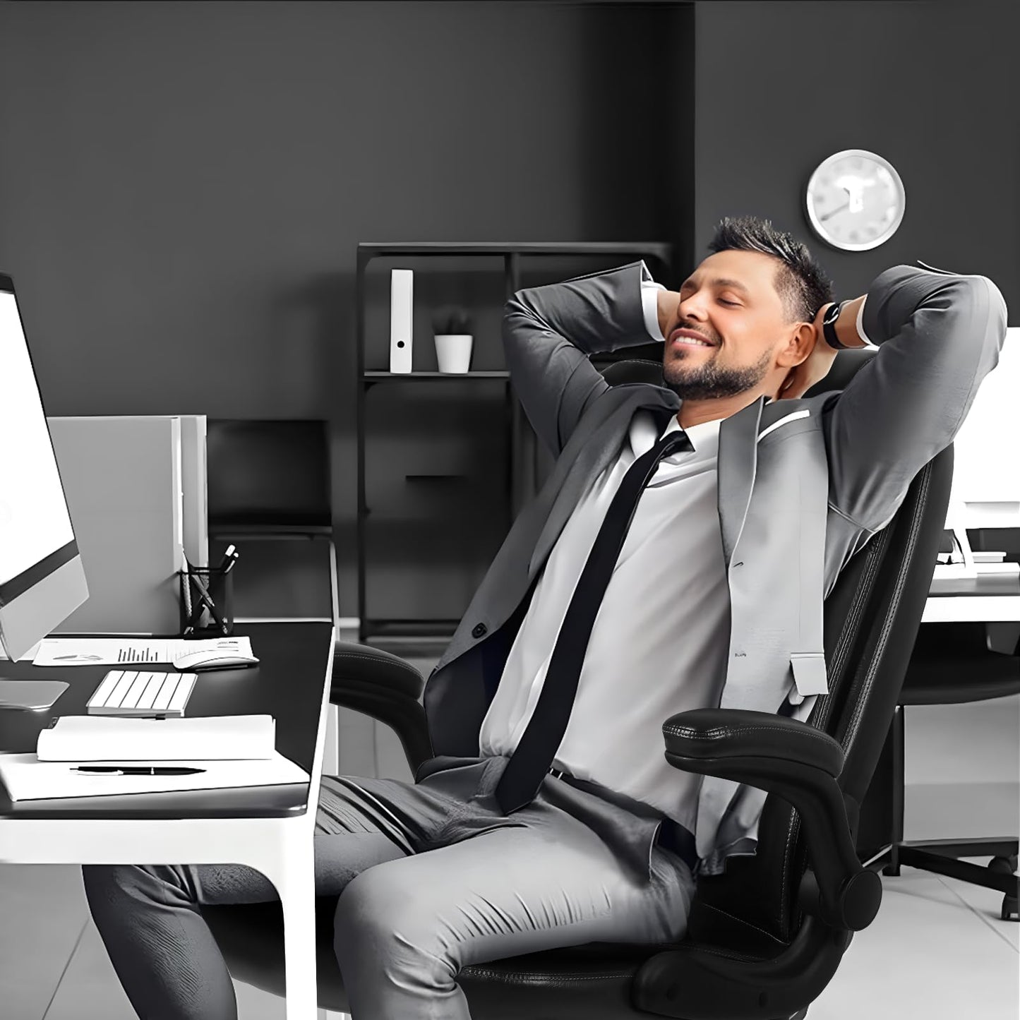 VITESSE Ergonomic Office Chair with Flip-up Armrests, Big and Tall Leather Executive Office Chair, High Back Lumbar Support Home Computer Desk Chair, Heavy and Duty Computer Chair (Black)