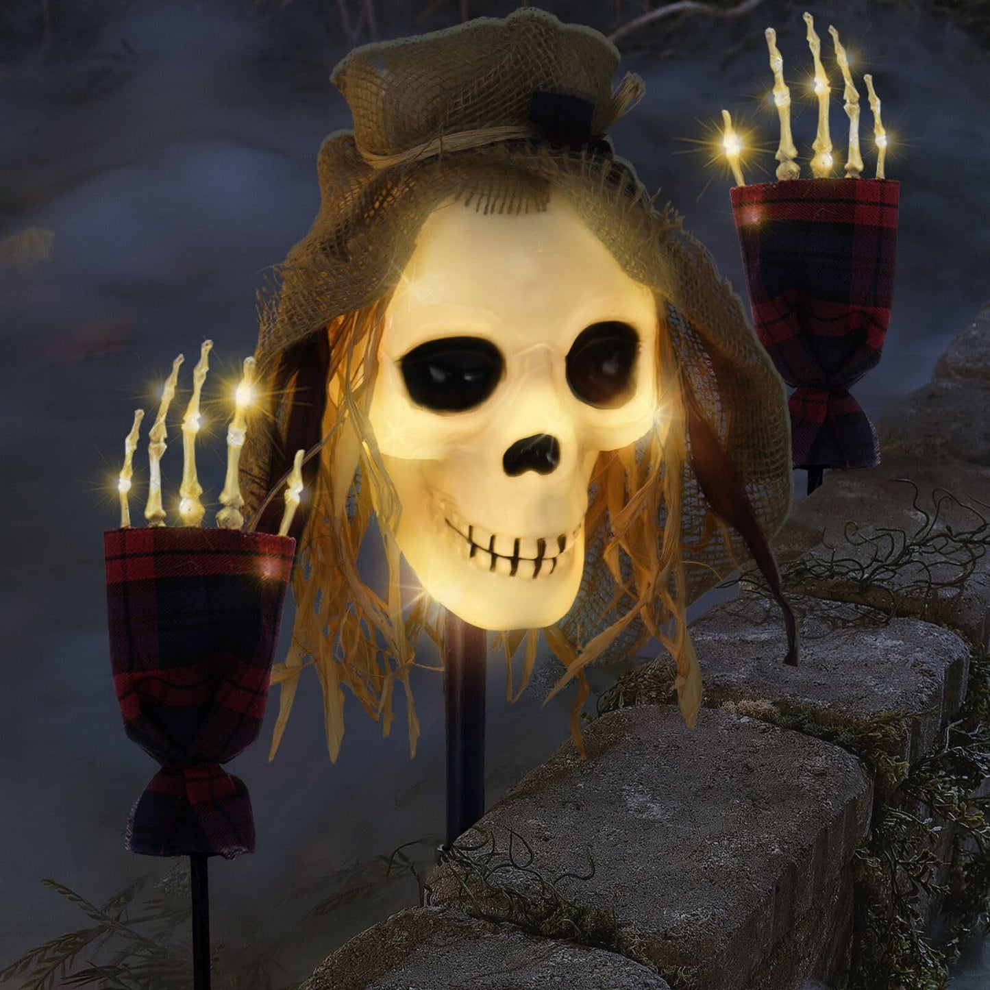 3 Pcs Halloween Pathway Lights Outdoor, 30 LEDs Skull and Arms Stake Lights for Outdoor, Yard, Lawn, Garden, Patio Decorations