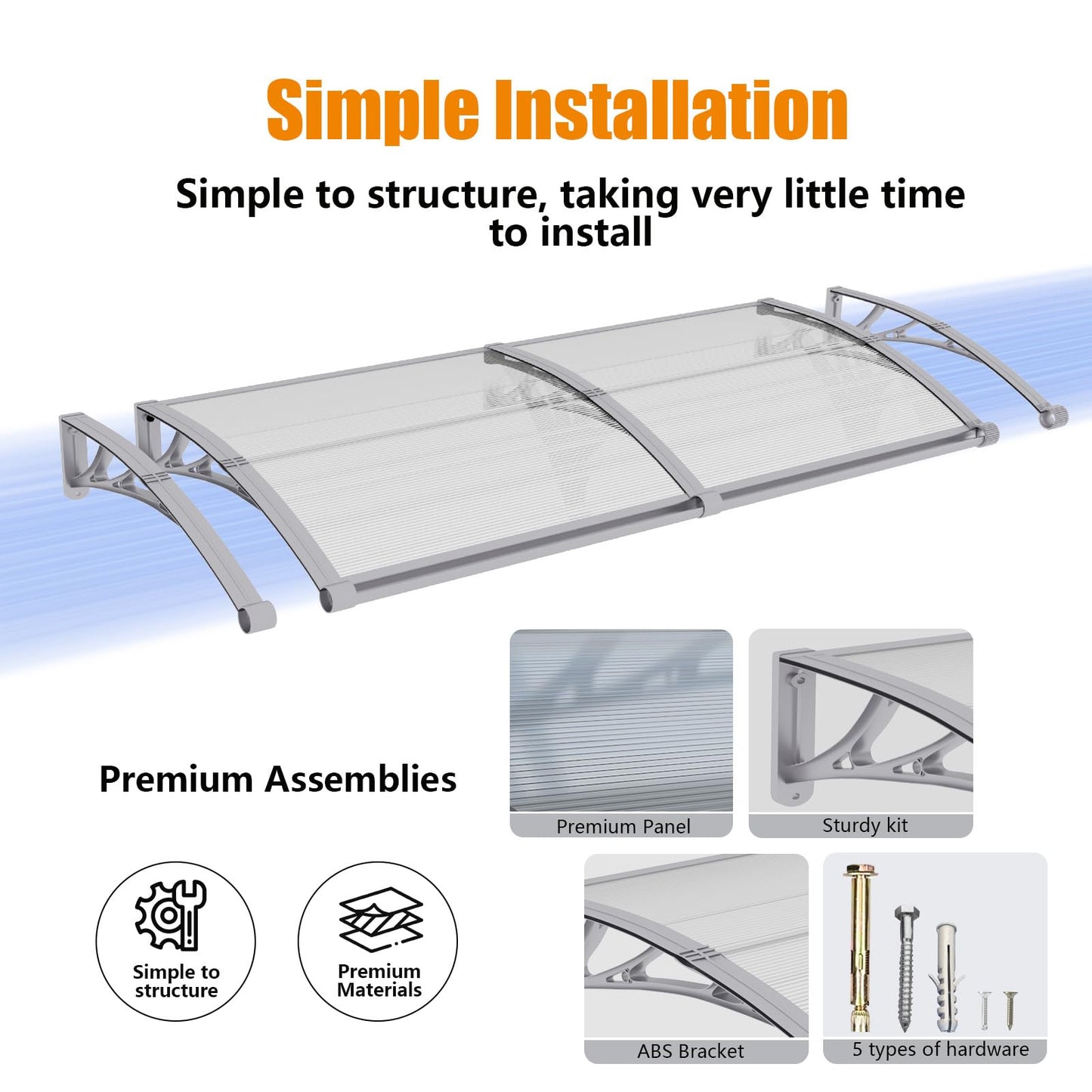 Window Awning Door Canopy 32"x80", Awnings for Doors Polycarbonate Cover Patio Door Awning UV Rain Snow Sunlight Protection Hollow Sheet with Separate Drainage Sink, Gray Bracket & Transparent Board