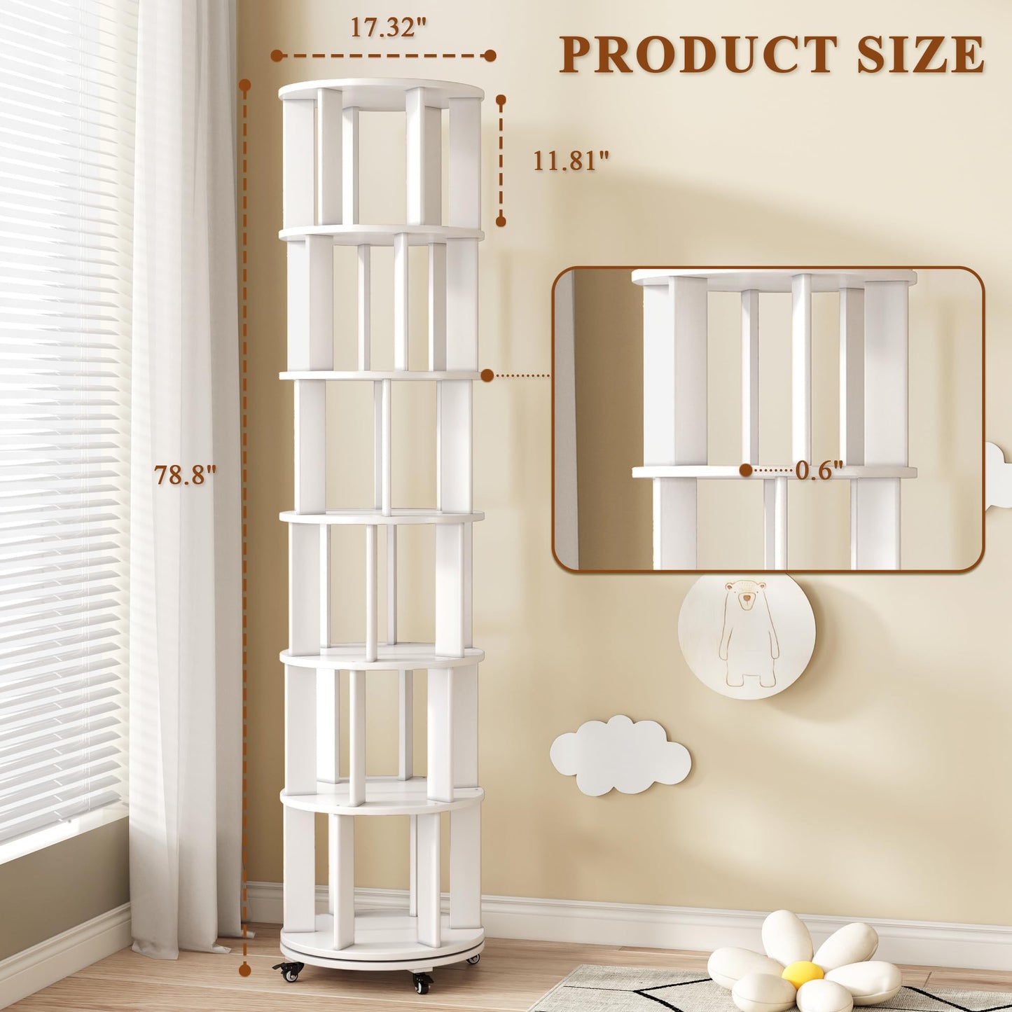 6 Tier Rotating Bookshelf Tower Spinning Bookshelf with Swivel Wheels Book Shelf Rotating Storage Tower for Kids Adult Narrow Walnut Solid Wood Revolving Bookcase Organizer for Bedroom Living Room