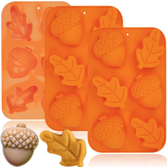 3 Pack Acorn Leaf Silicone Chocolate Molds, 3D Thanksgiving Fall Theme Candy Molds Fall Autumn Baking Molds for Jelly Pudding Brownie Soap Ice Cube Trays Candle Muffins Cake Decor Making