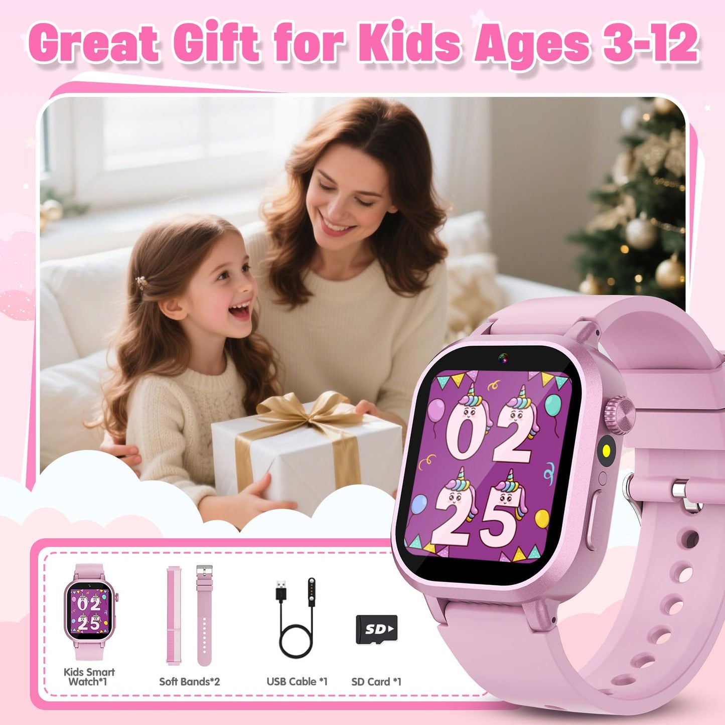 Wiszodet Kids Waterproof Smart Watch Girls Gift Age 3-12 with 39 Game HD Touch Screen Music Player Video Camera Pedometer Alarm Clock Birthday Gift for 6 7 8 9 Year Olds Pink