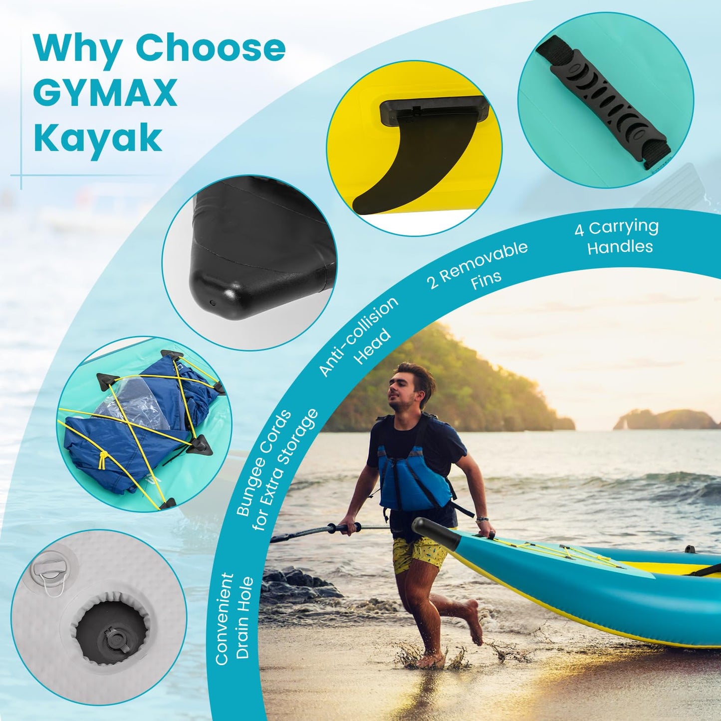 GYMAX Inflatable Kayak, 12.5Ft 507lbs Tandem Kayak with 2 Aluminum Paddles, 2 Padded Seats, 2 Fins, Hand Pump, Carry Bag & Repair Kit, 2 Person Fishing Touring Kayak for Adults Youth (Green)